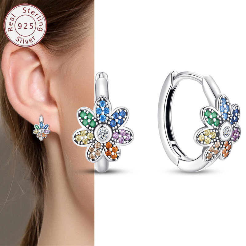 KUNSIR 925 Sterling Silver Tiny Flower Huggie Hoop Earrings For Women Gift Party