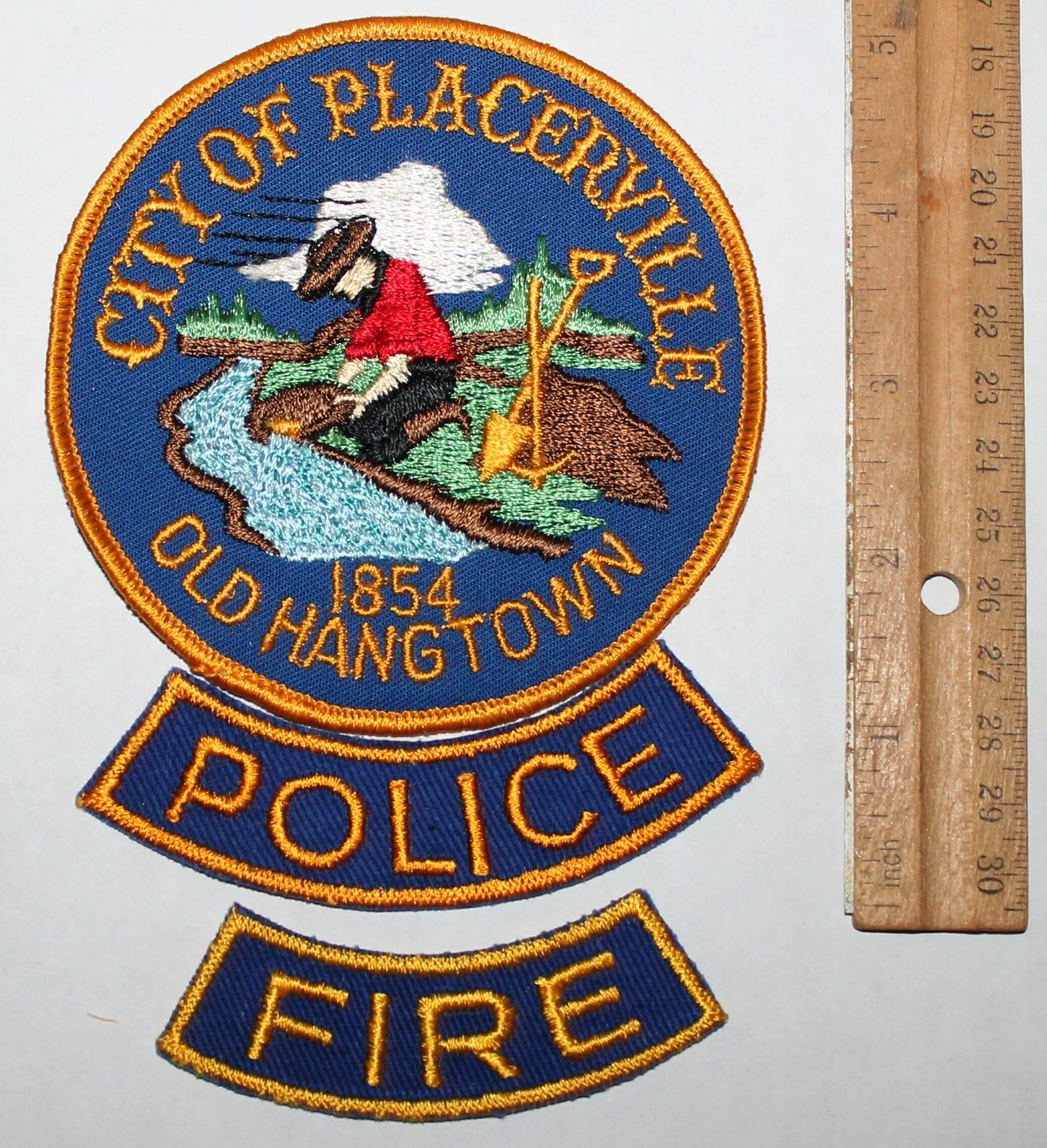Very Old CITY OF PLACERVILLE POLICE FIRE California Vintage patch +PD FD Rockers