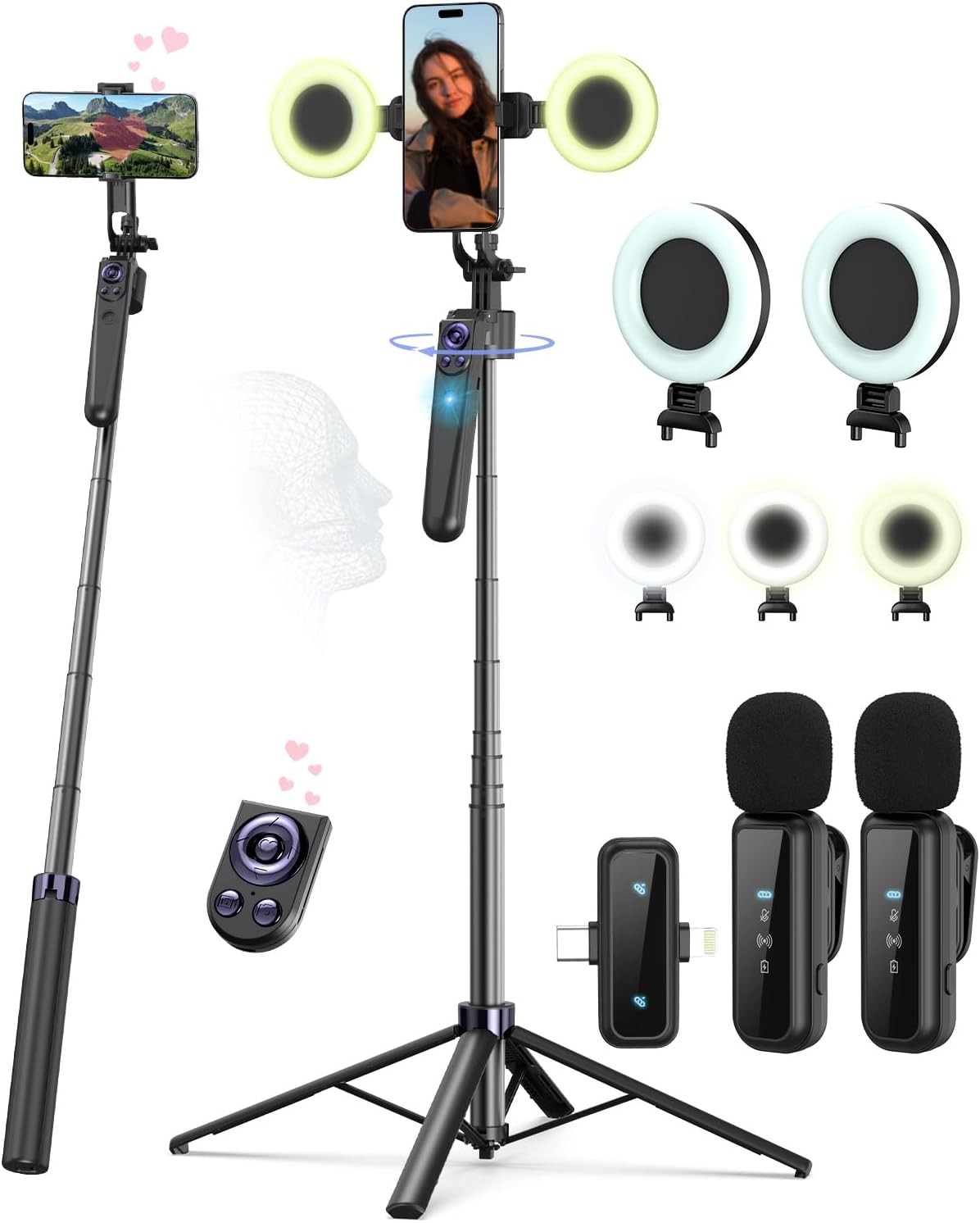 Vlogging Kit for iPhone/Android, 63”Auto Face Tracking Tripod for iPhone with Li
