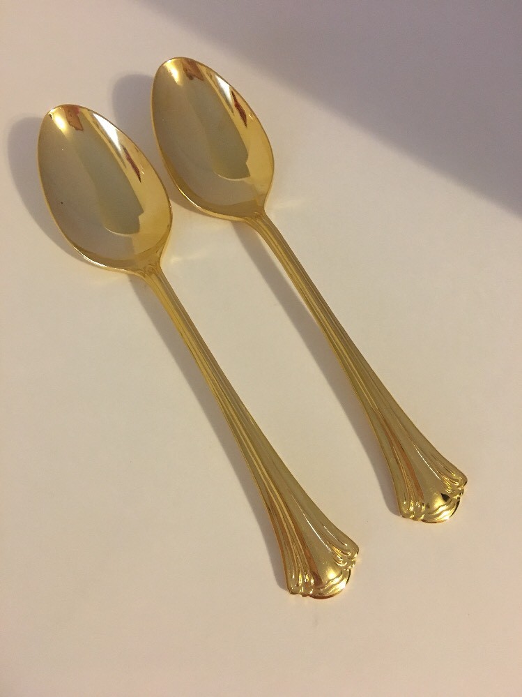 Excel ST JOAN Stainless Gold Electroplate Ribbed Hdl 2 TEASPOONS 6 1/8"