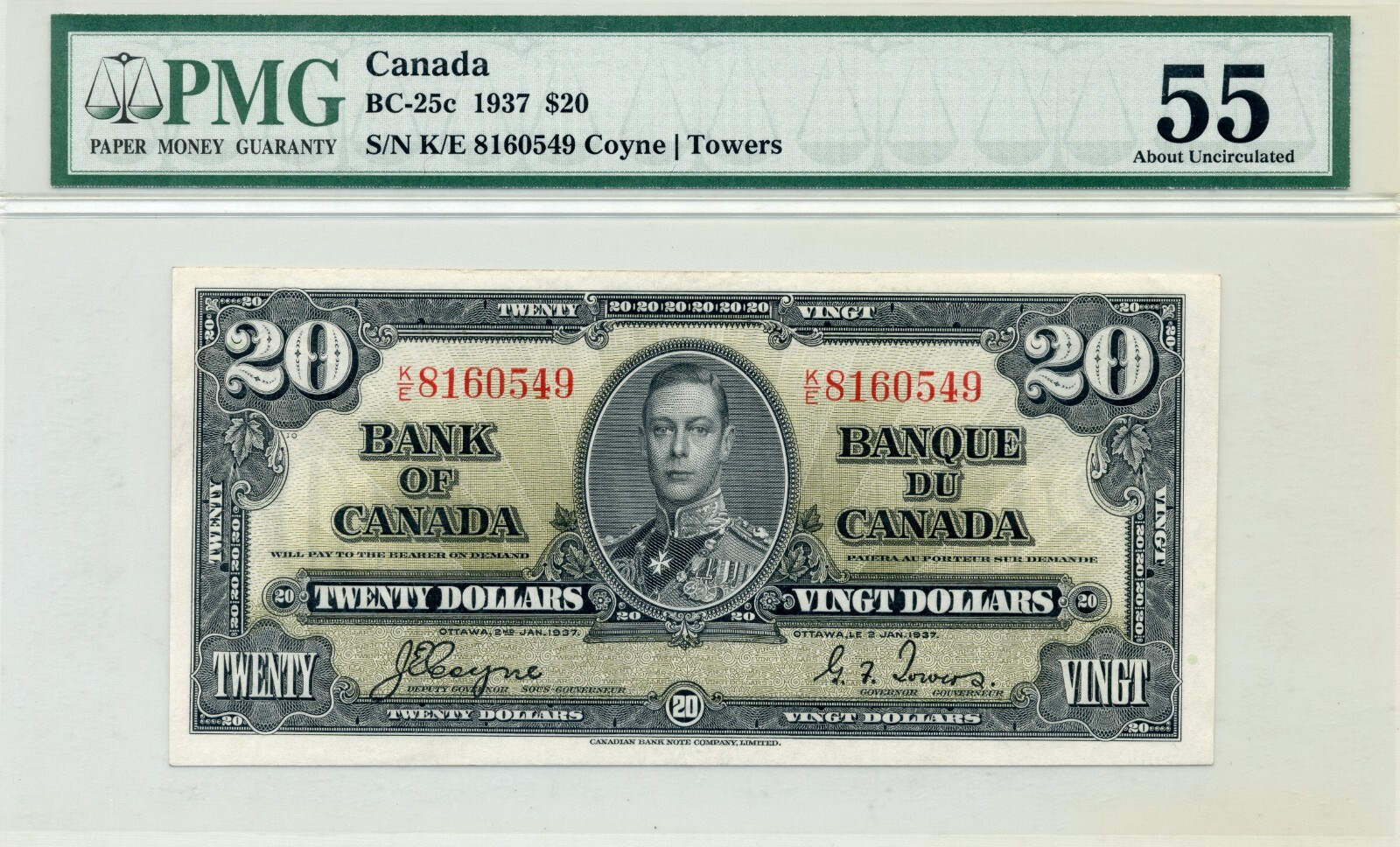 1937 $20 Bank of Canada BC-25c, About Uncirculated, PMG AU55