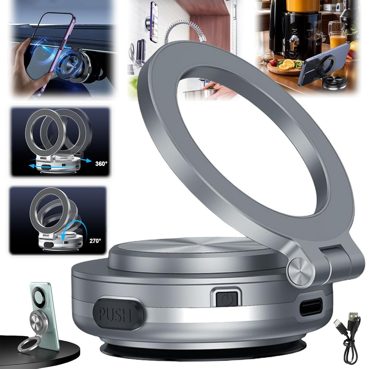 Electric Vacuum Magnetic Suction Car Phone Mount 360° Rotation Phone Holder, USA
