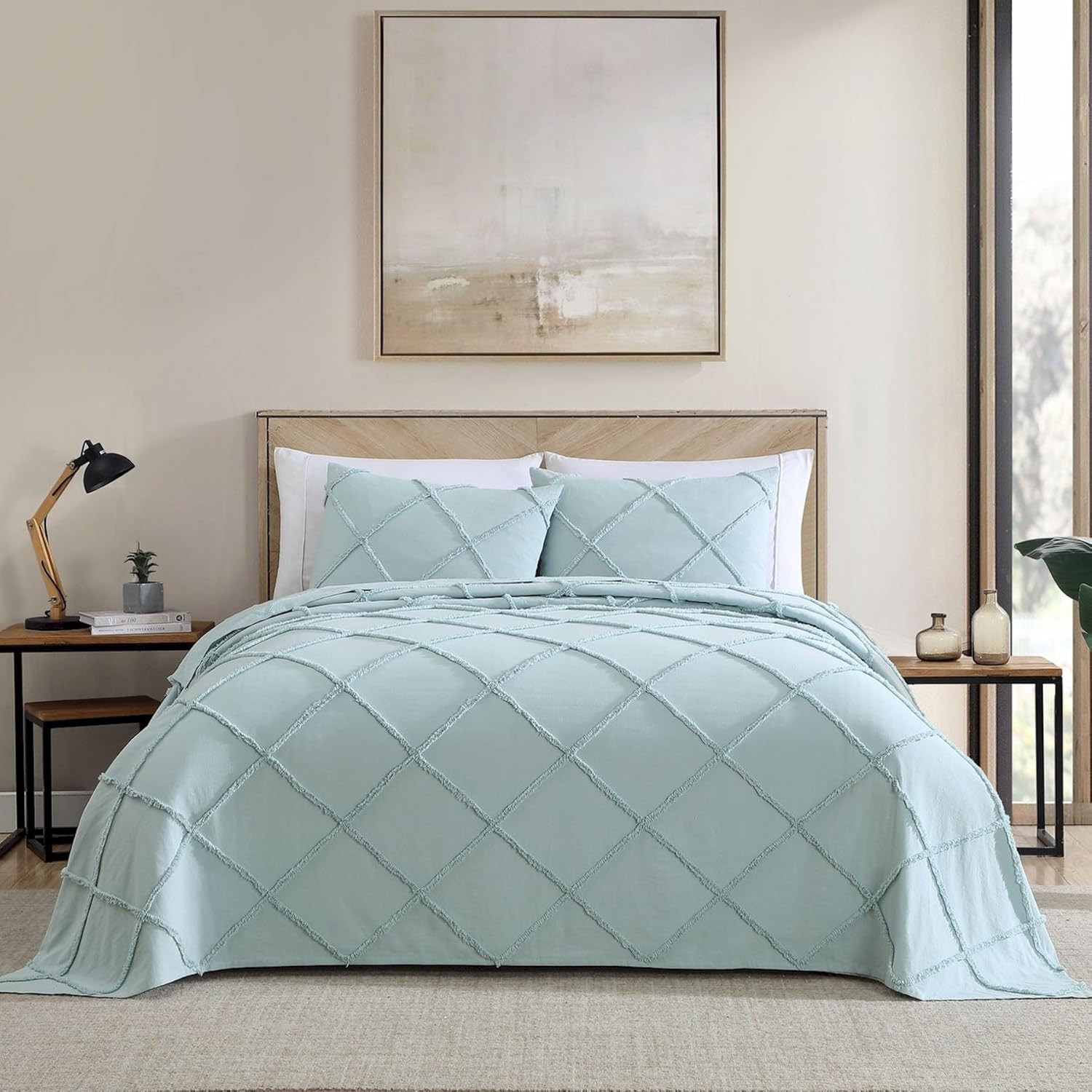 Diamond 100% Cotton Chenille Bedspread, Standard Sham, Blue