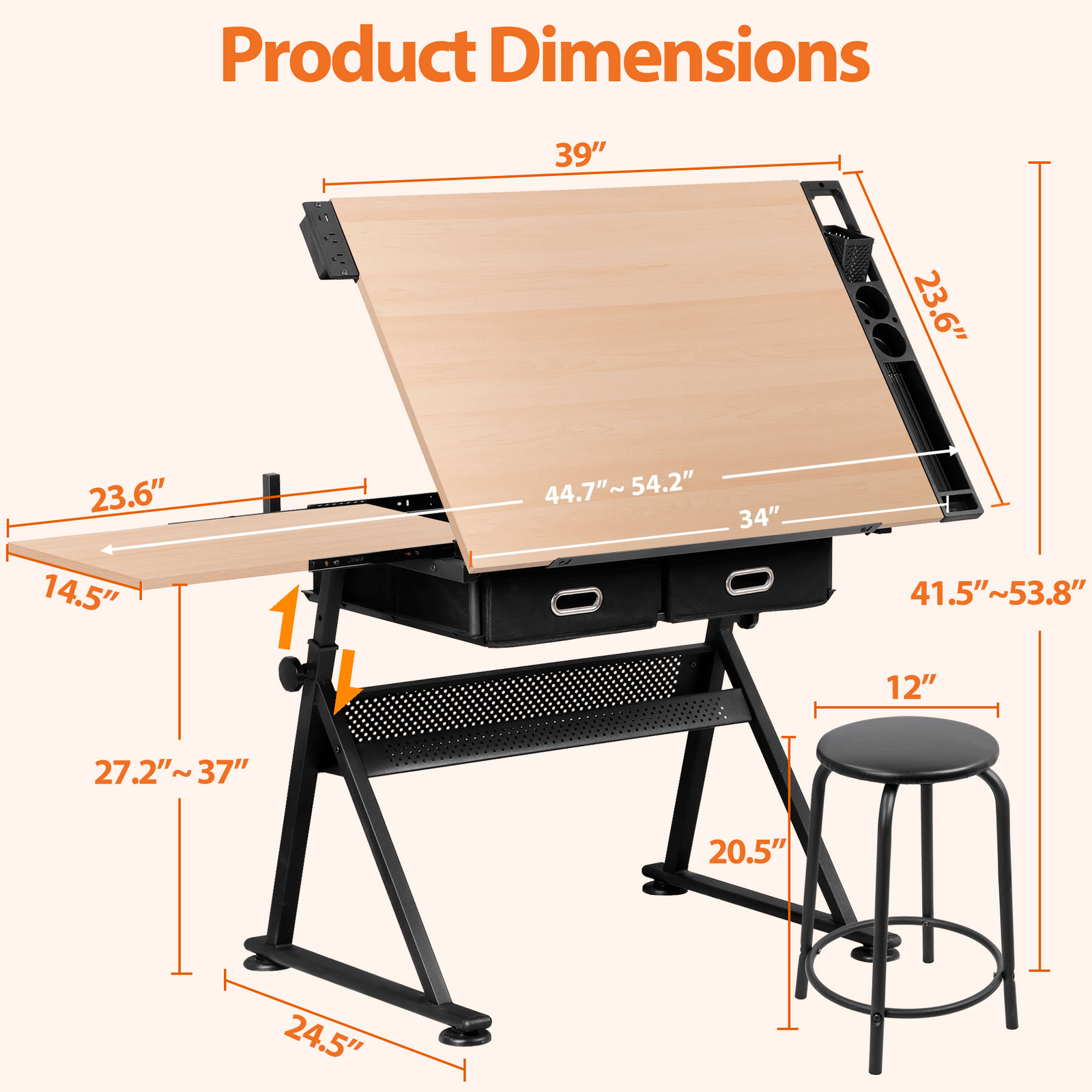 Drafting Table with Stool Set Artist Workstation Natural Writing Desk Home