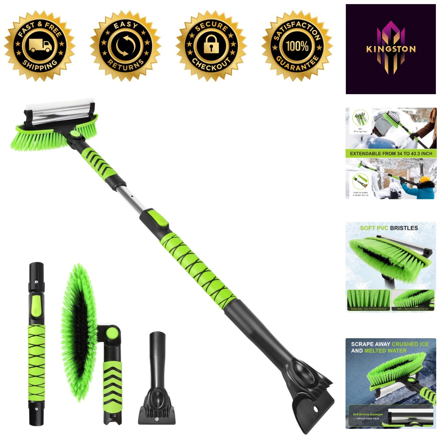 3-in-1 43" Ice Scraper & Squeegee - Pivoting Brush for Effortless Snow Removal