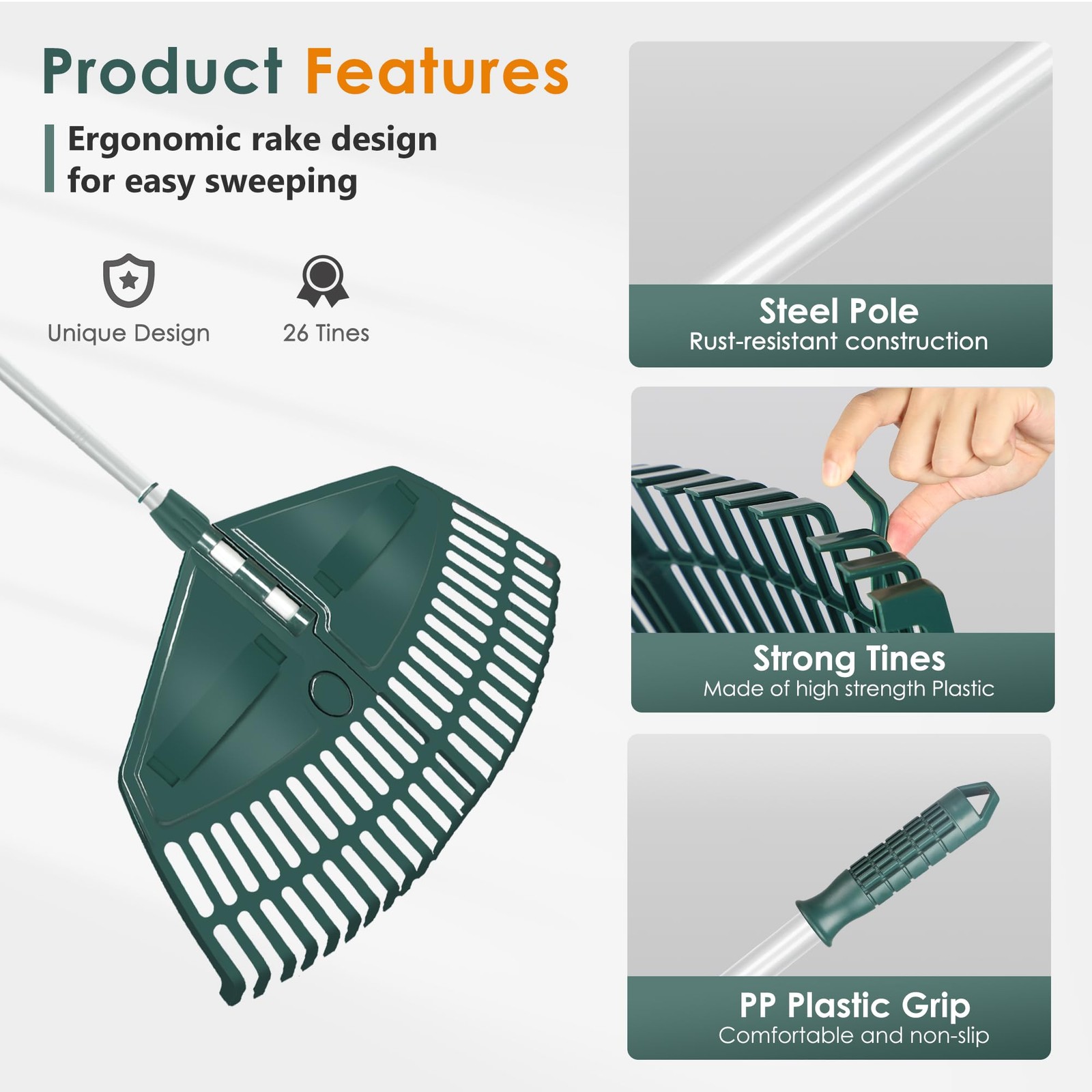 69" Adjustable Leaf Rake with 5-Section Handle, 26-Tine Durable Plastic Head,...