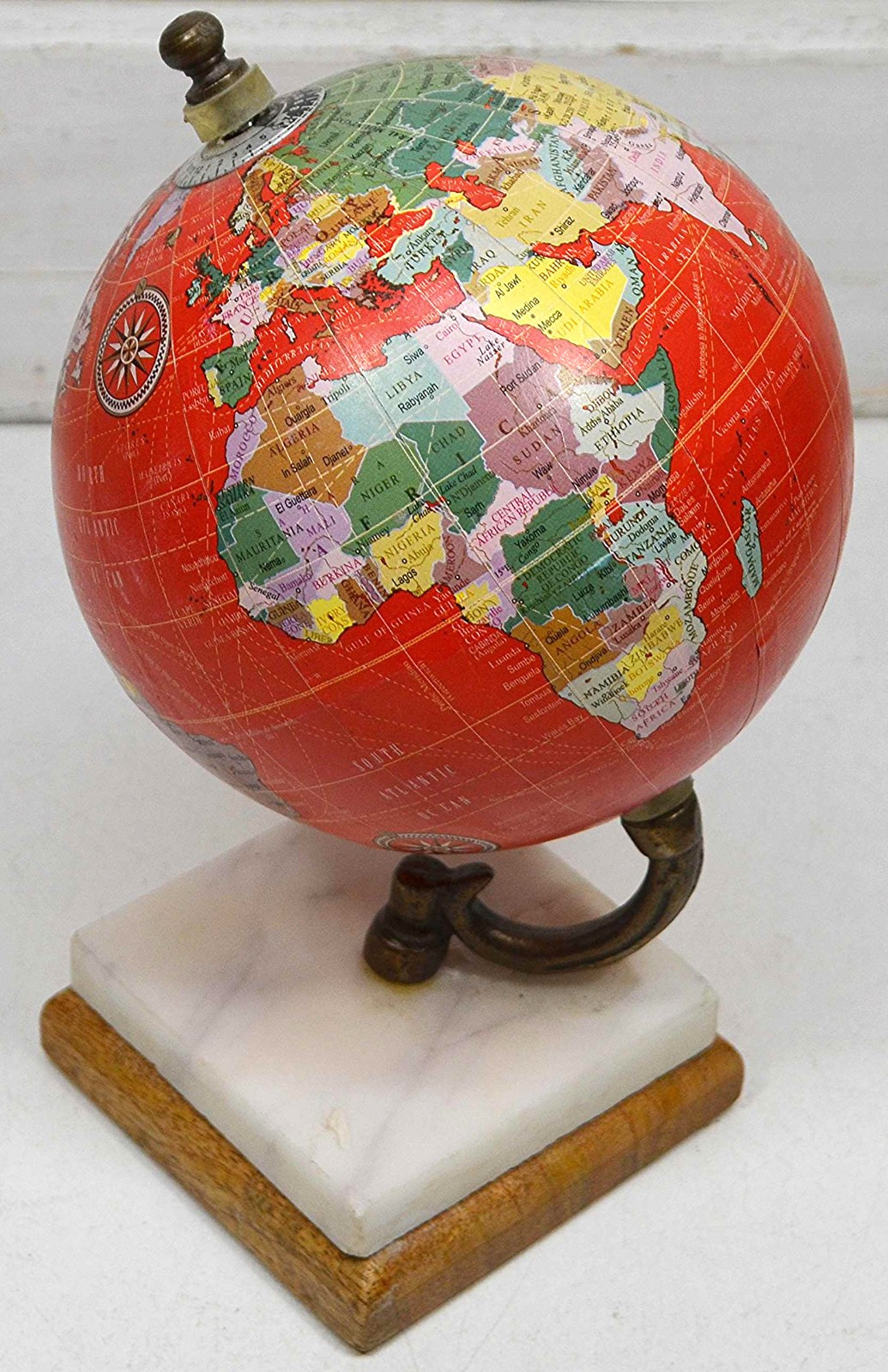 Red Ocean World Globe  Map Atlas Georaphy Rotates Marble Base / 8" Tall