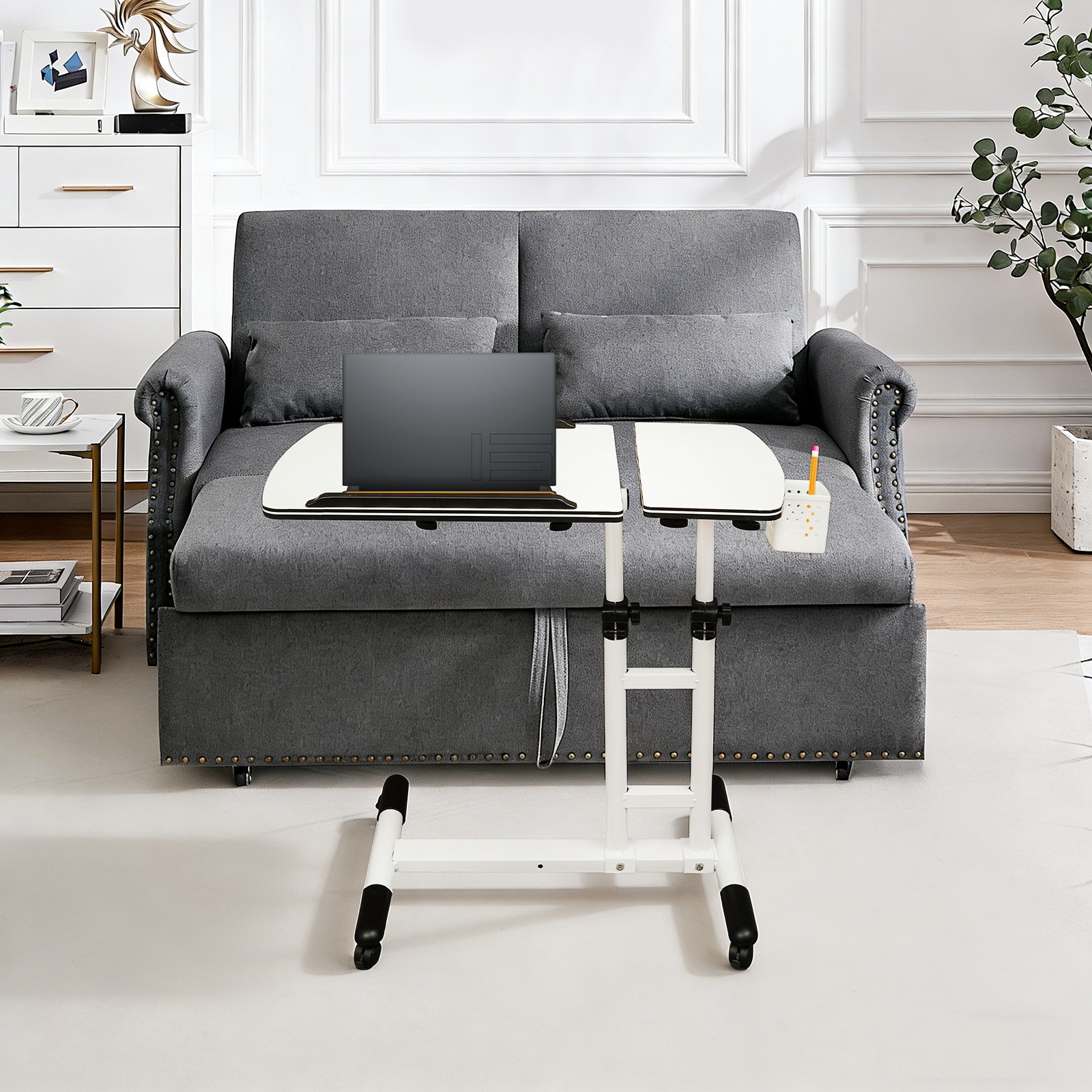 Side Table w/Wheels,Height Adjustable Computer Table,Free Standing Writing Table