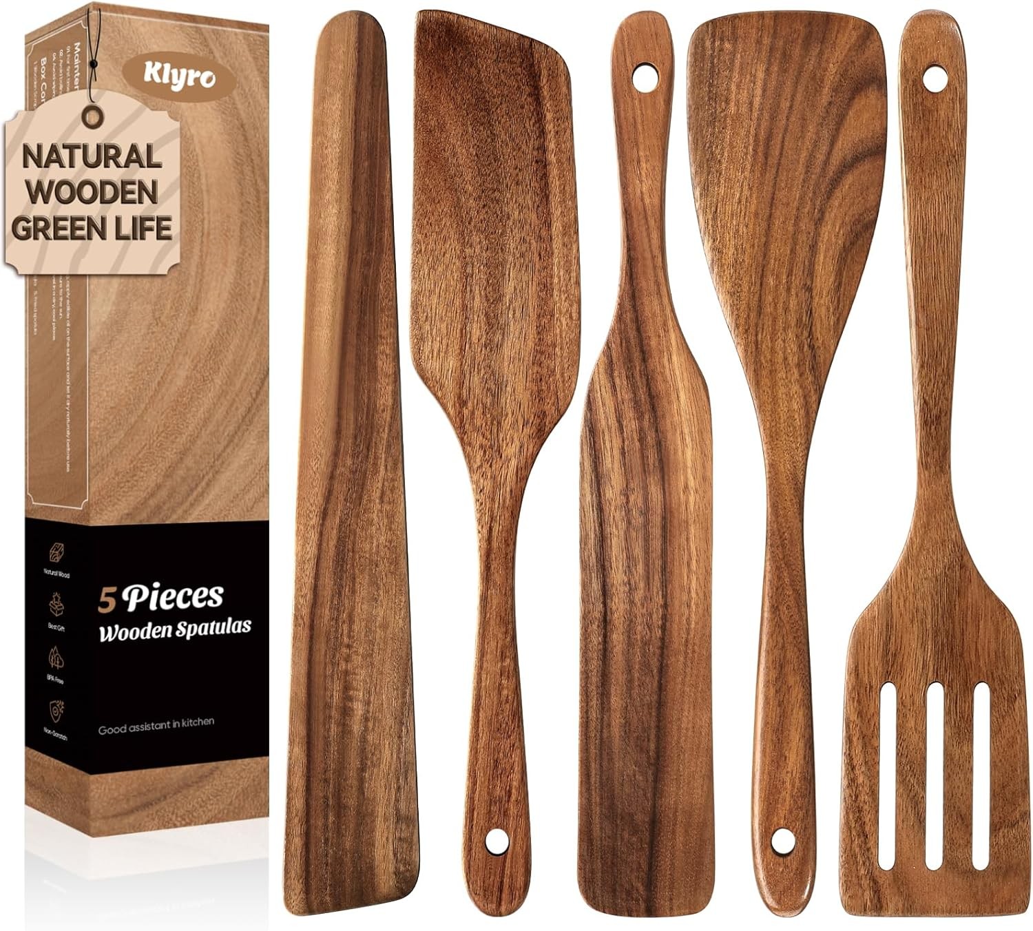 5 PCS Wooden Spatula Set, Natural Teak Wooden Spoons for Cooking, Nonstick Cookw