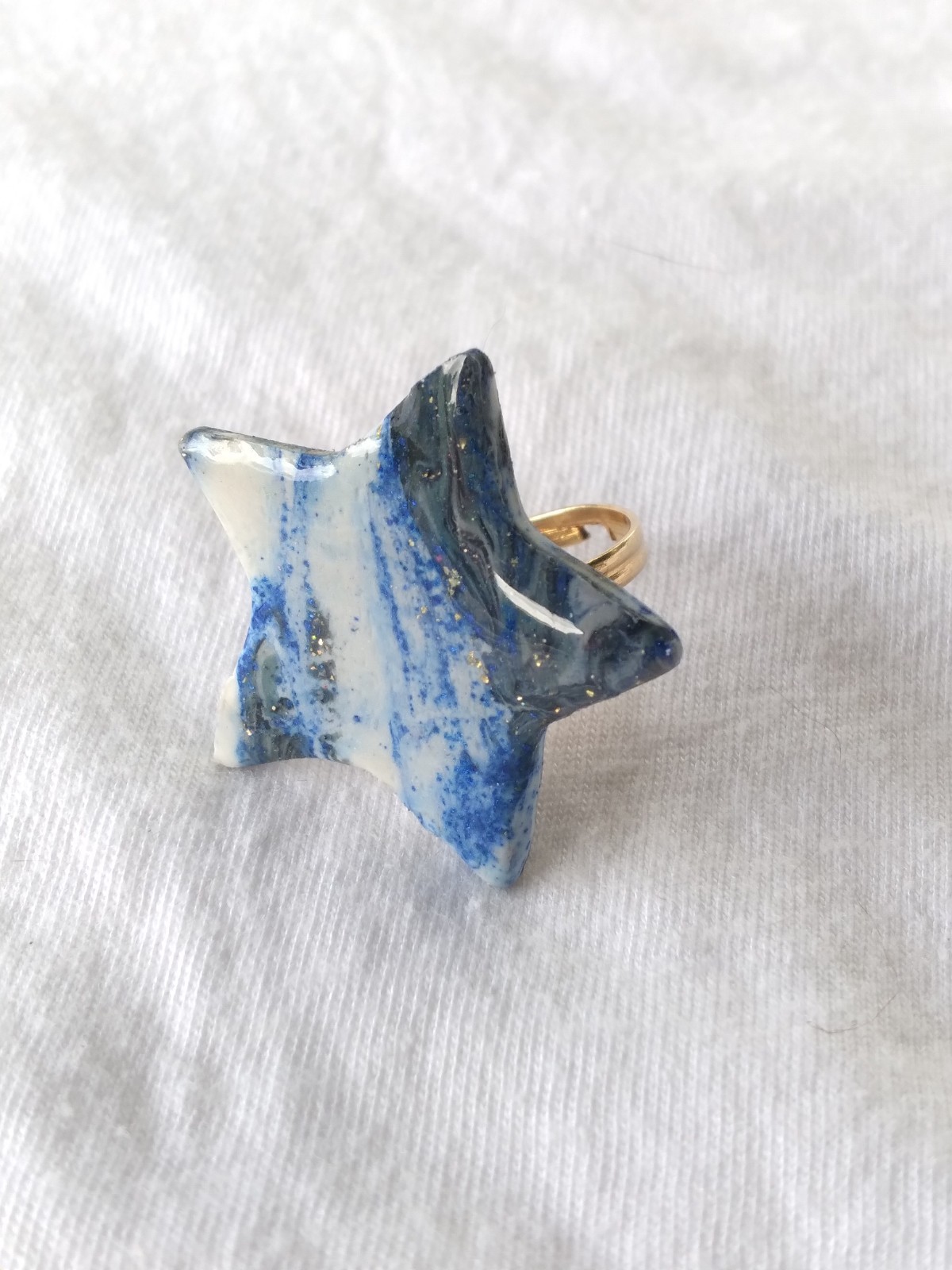 Handcrafted Gold Adjustable Polymer Clay Ring Blue White Marbled Star