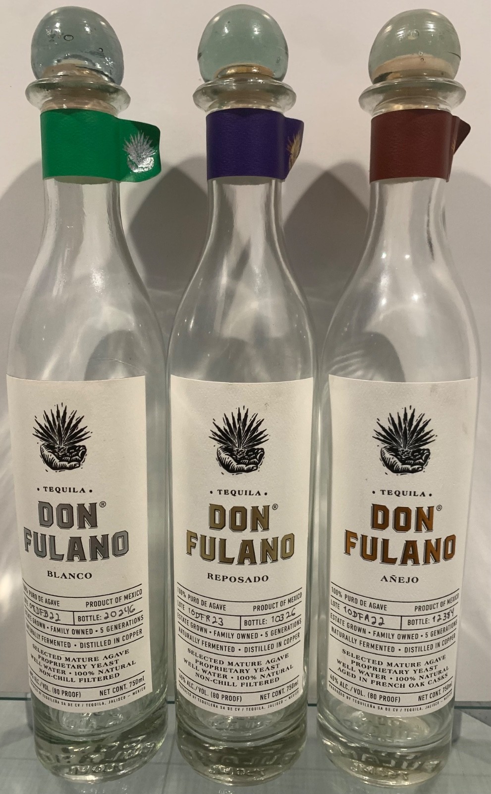 3 Tequila Don Fulano Blanco Reposado Añejo Empty Bottles Glass Stoppers