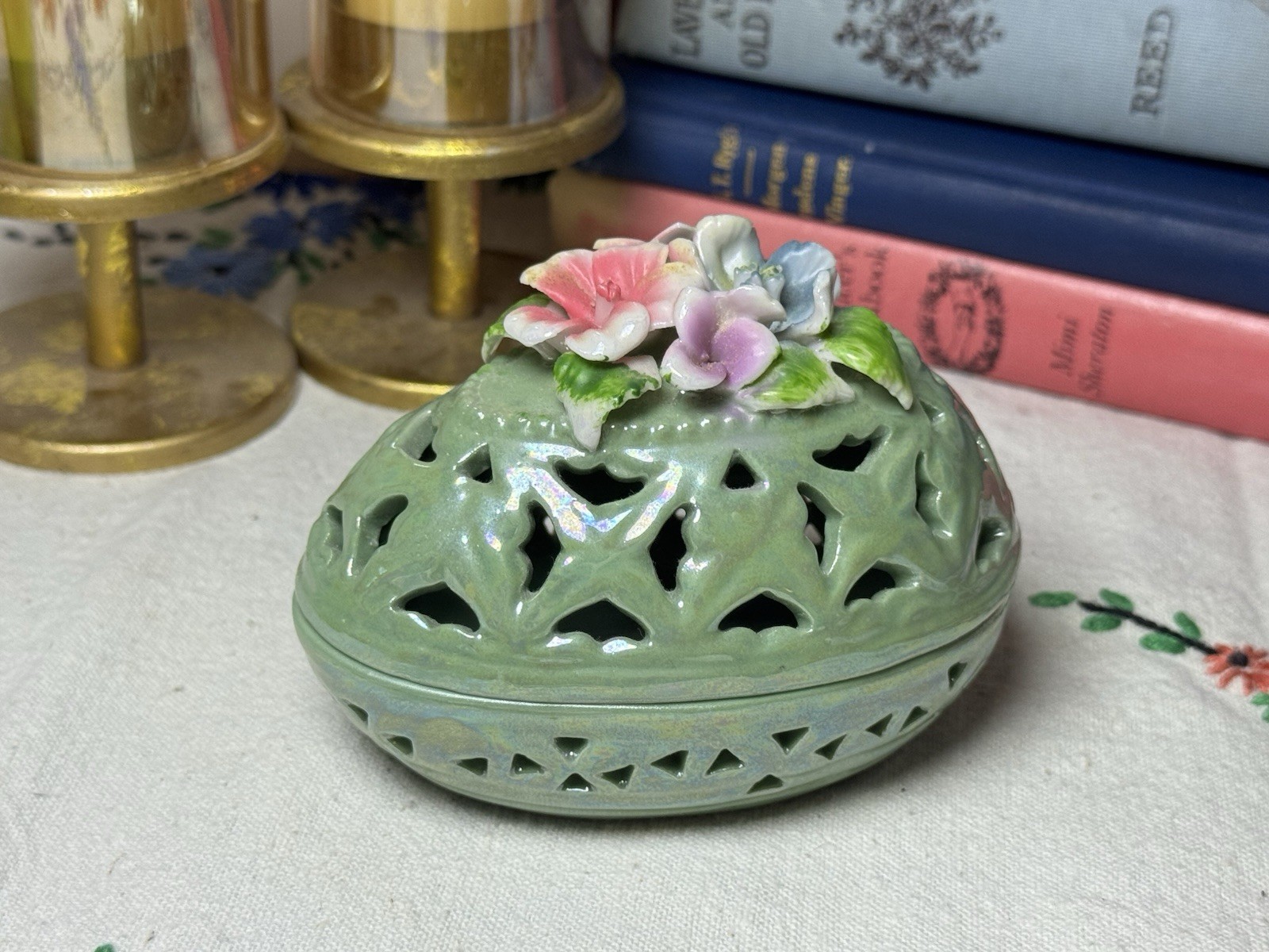 Green Lusterware Floral Easter Egg Shaped Porcelain Trinket Box with Lid