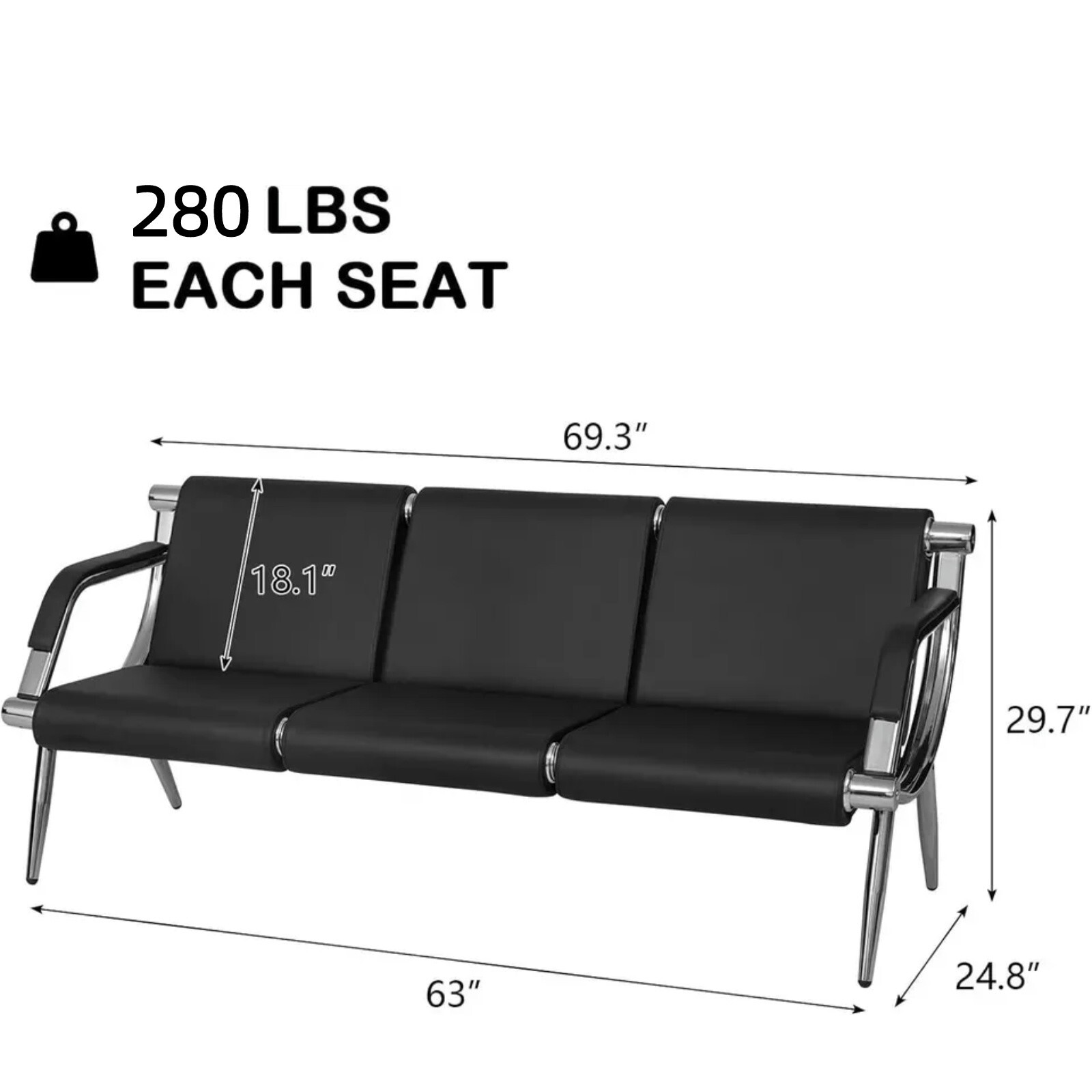 4-Seater PU Leather Waiting Chair Sofa Waiting Room Reception Seat Chair Bench