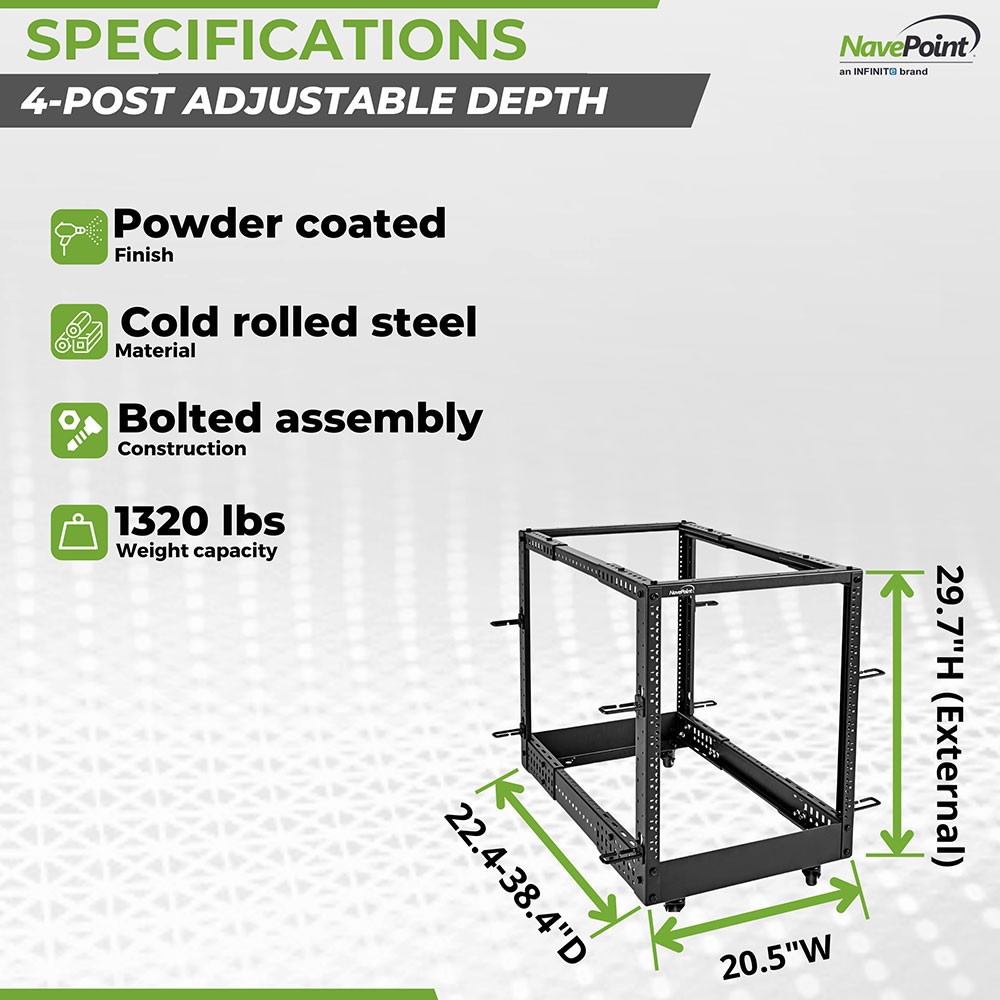 NavePoint 4-Post Open Frame Racks 19-inch Standard, Adjustable 22"-40",