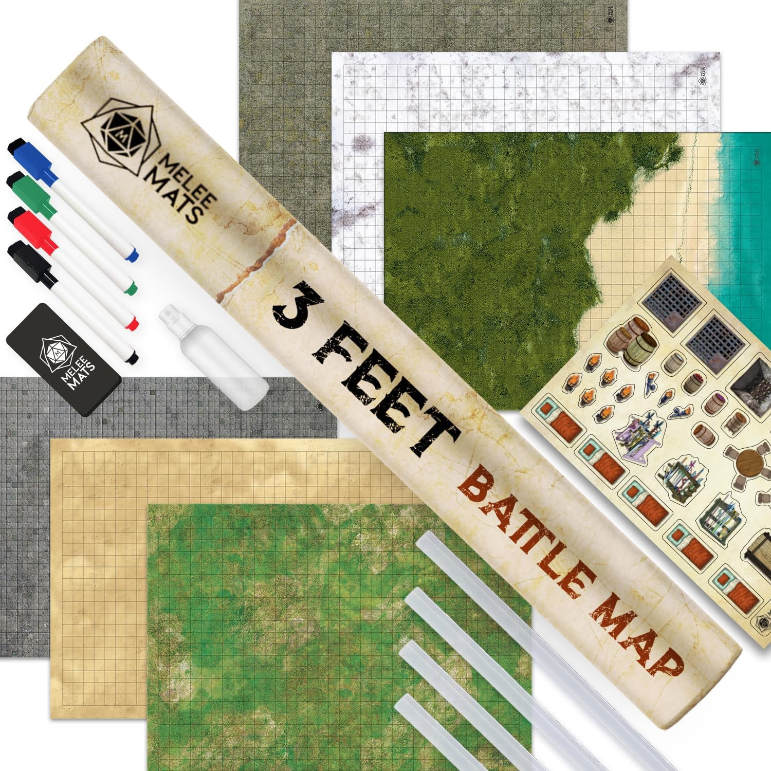 Melee Mats DND Map Starter Set for Dungeons and Dragons - 24” X 36" 3 Pack