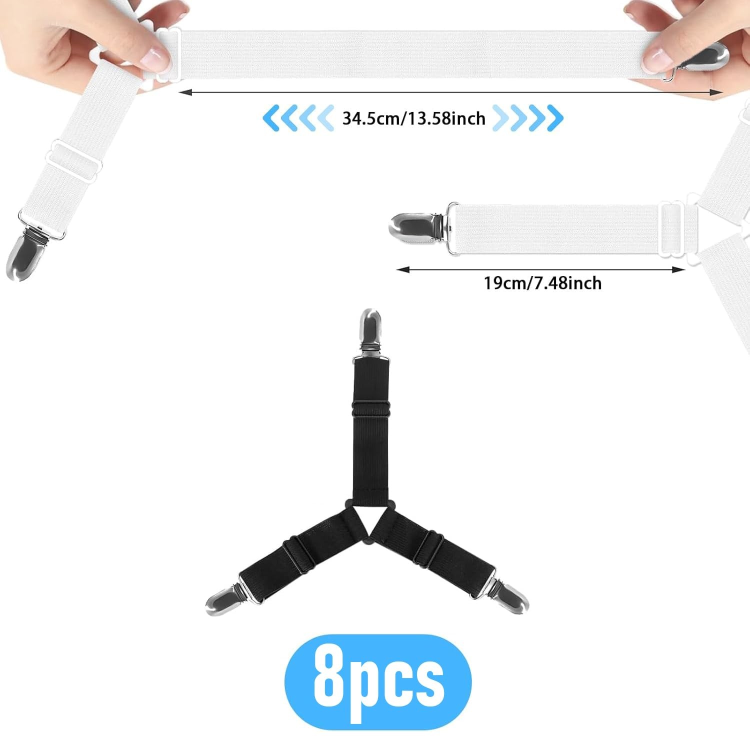 8 White Bed Sheet Holder Straps, Adjustable Straps Holders, Black