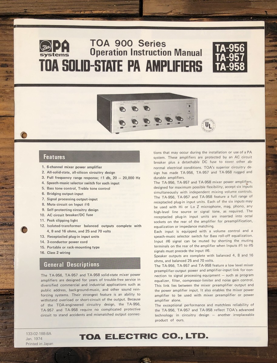 TOA TA-956 TA-957 TA-958 Amplifier Owners / User Manual *Original*