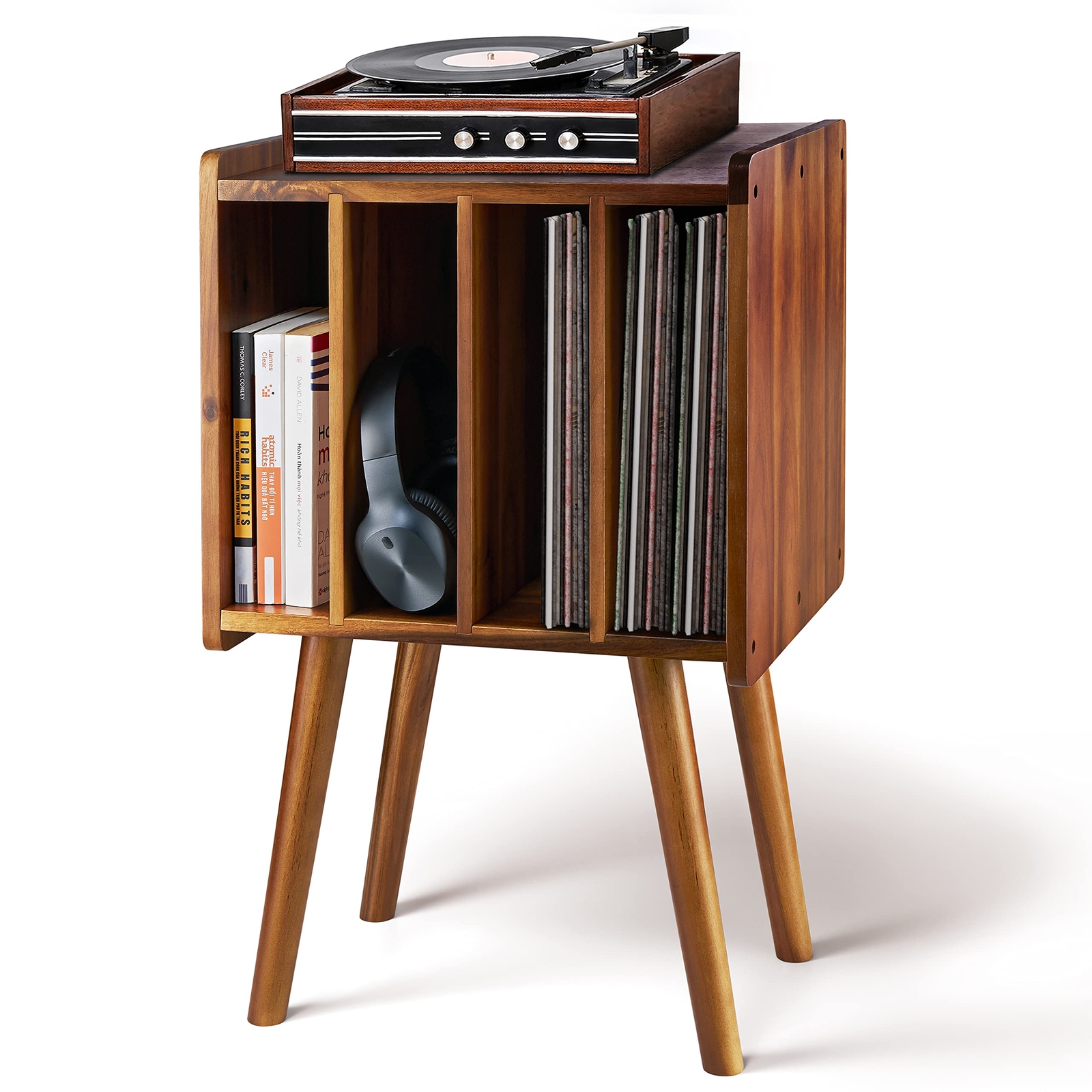 Wooden LP Record Player Stand with 4 Cabinets Holds up to 100 Vinyls Metal Re...
