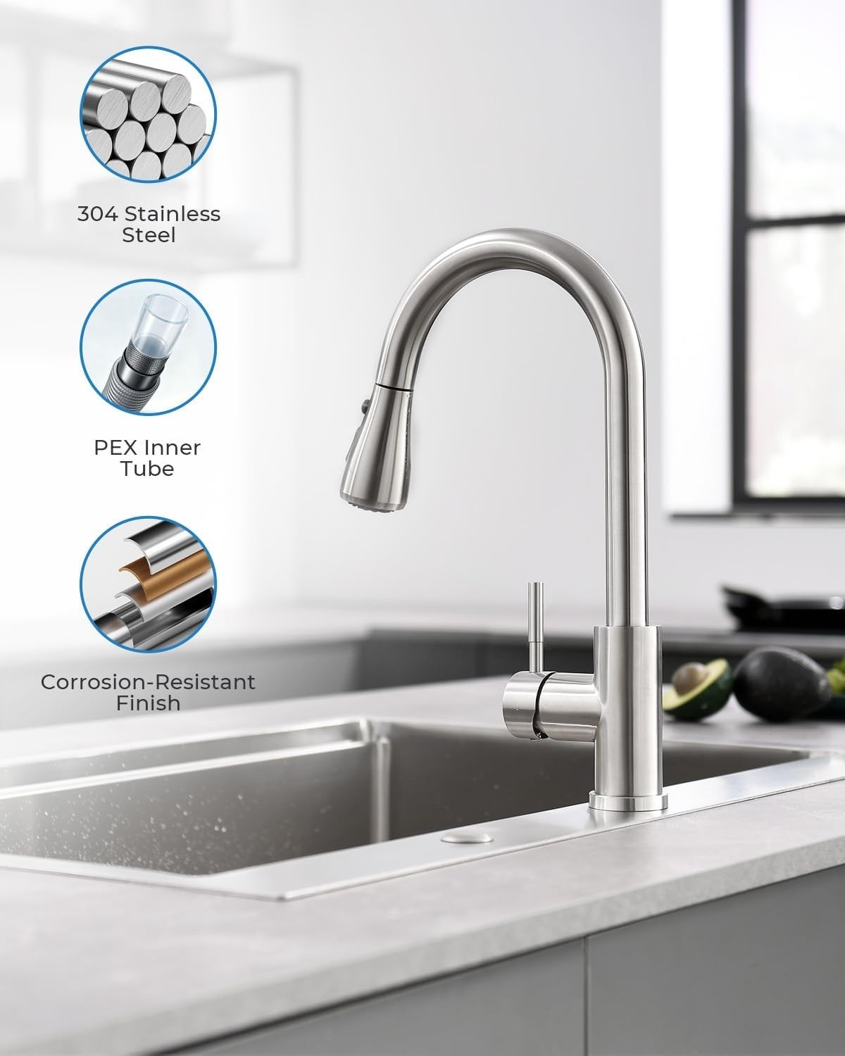 Lead-Free Kitchen Faucet with Pull Down Sprayer & 3 Spray Modes - Brushed Nickel