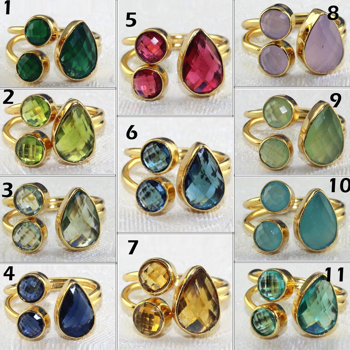 Double Layer Chalcedony Multi-Color Hydro Quartz 24k Gold Plated Adjustable Ring