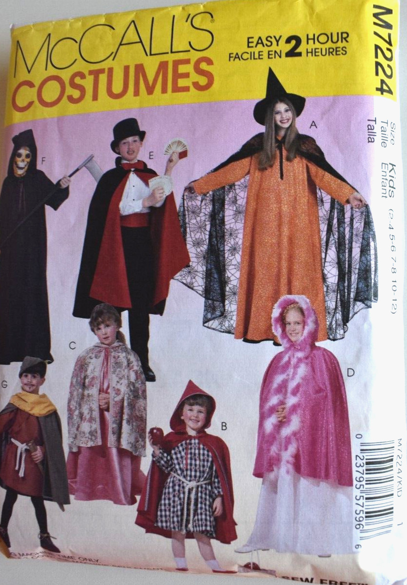 MCCALLS PATTERN 7224 CAPE SEW FREE COSTUMES KID SIZES 2 3 4 5 6 7 8 10 12 UNCUT