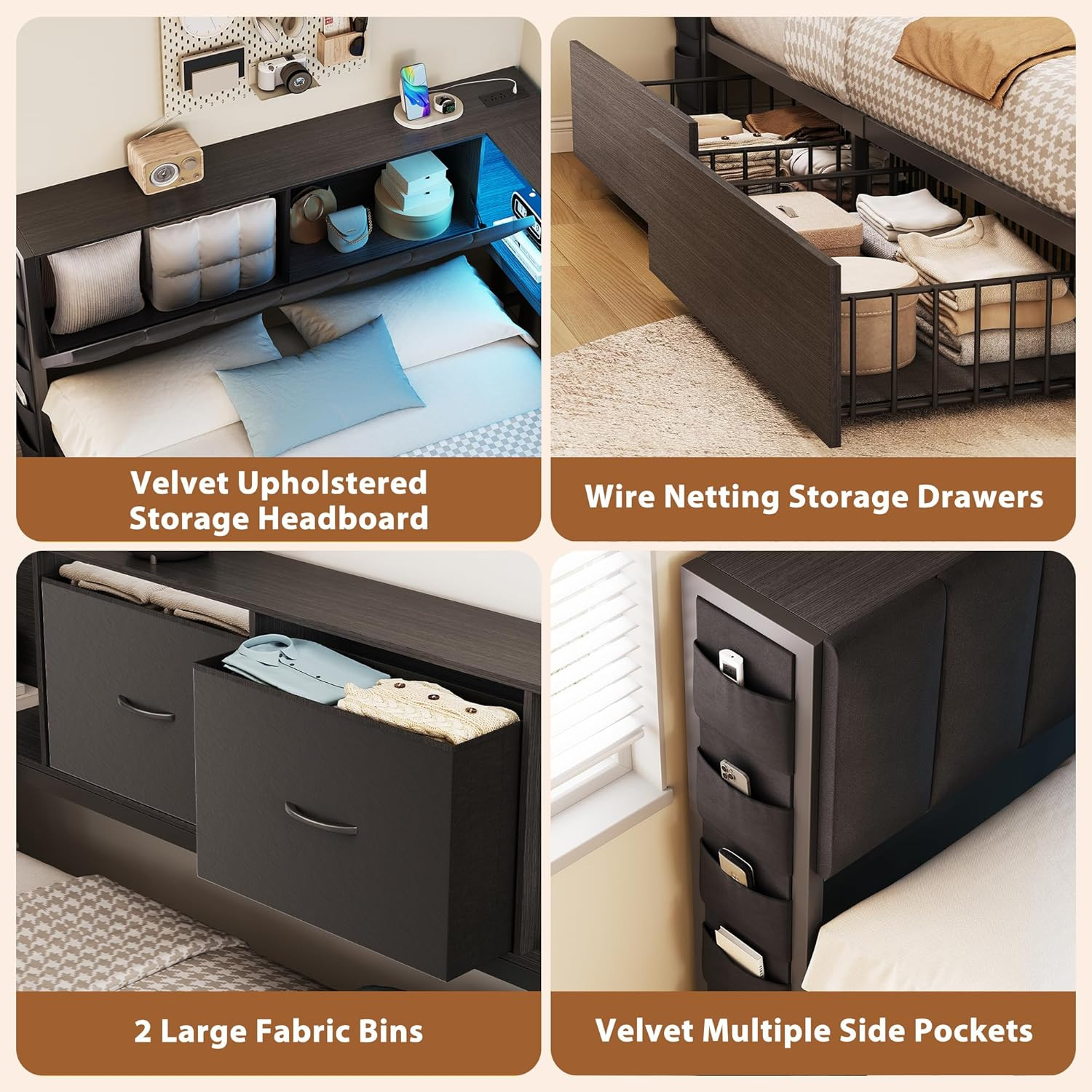 Full Corner Bed Frame with Upholstered Storage Headboard and Drawers, Metal Plat