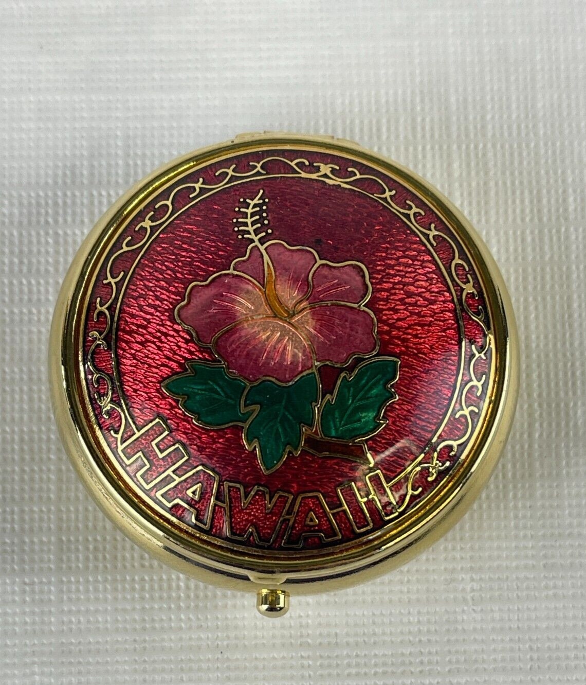 Vintage Cloisonné Red Gold Hawaii Flower Pill Box Divided Interior