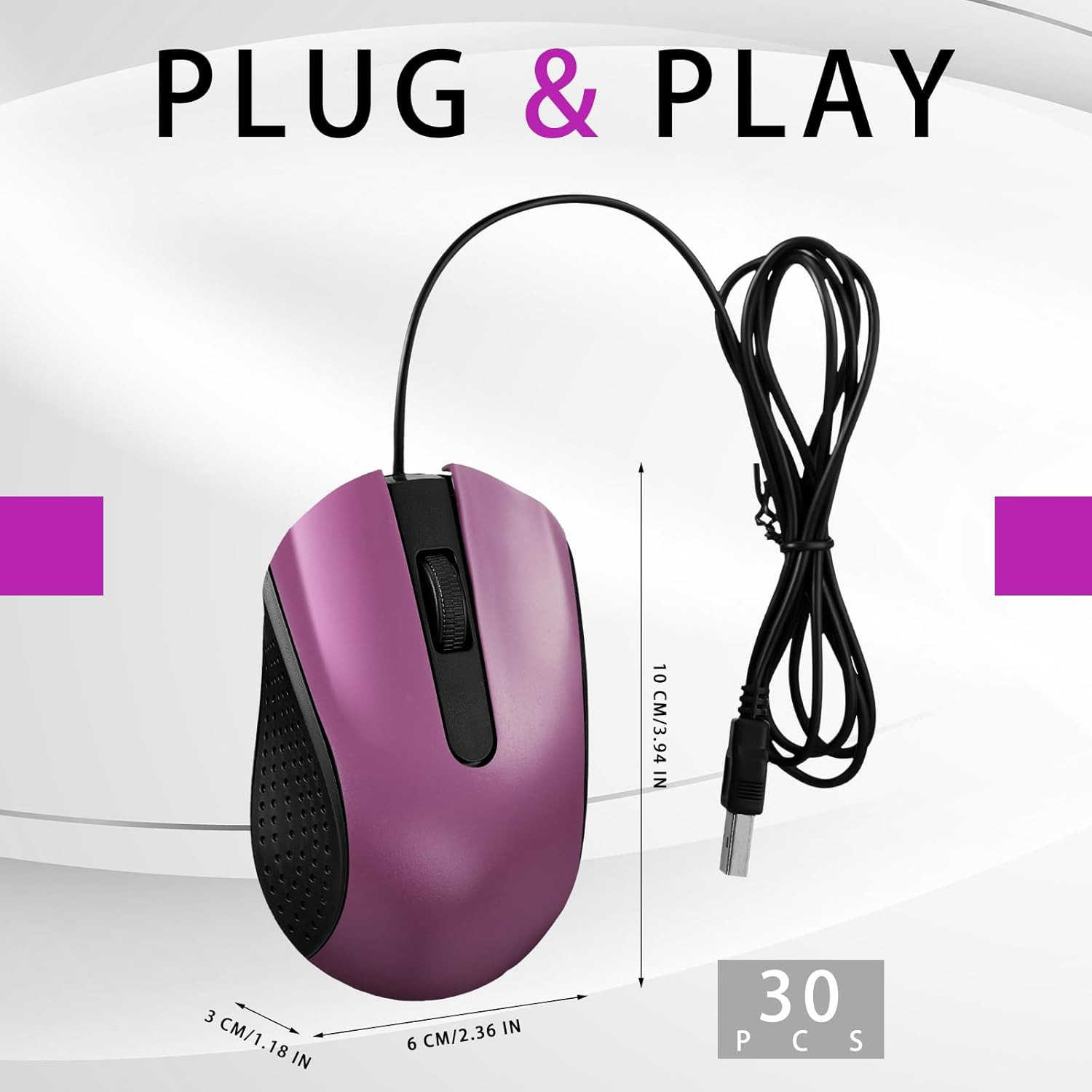 30 Pack USB Wired Mouse 3 Button Corded Computer Mice Bulk USB Mouse for PC Desk