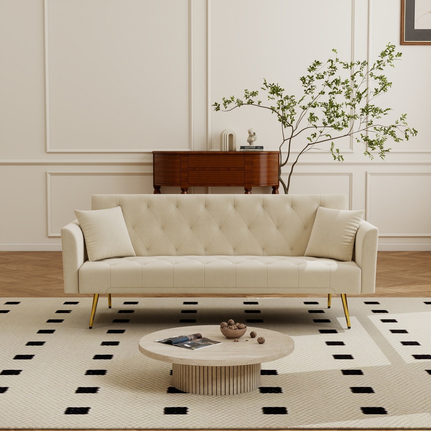 Modern Convertible Foldable Sleeper Sofa Velvet Loveseat Sofa Bed w/ Metal Legs