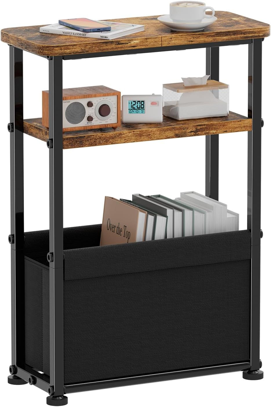 Side Table, 3-Tier Modern End Table with Fabric Basket, Skinny Bedside Table, Th