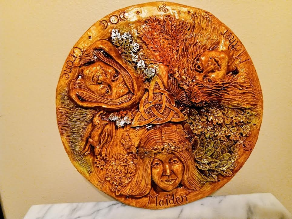 Maiden Mother Crone Triple Goddes wall plaque hand carved Pagan Wicca