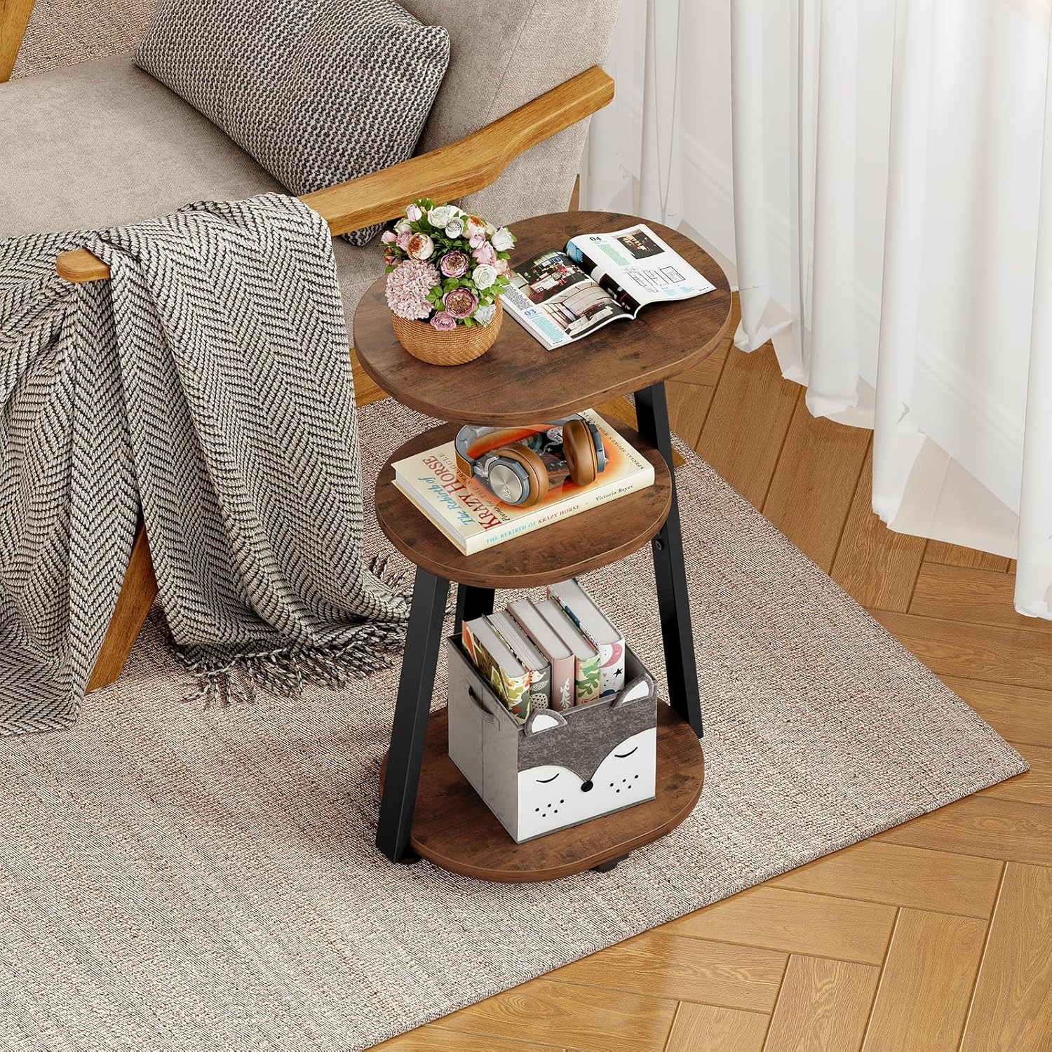 Side Table Small End Table W/ Metal Frame 3-Tier Bedside Tables Round Brown