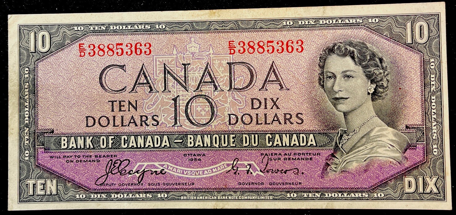 1954 $10 note Devil's Face Canada Note E/D. Strong Note. ENN Coins