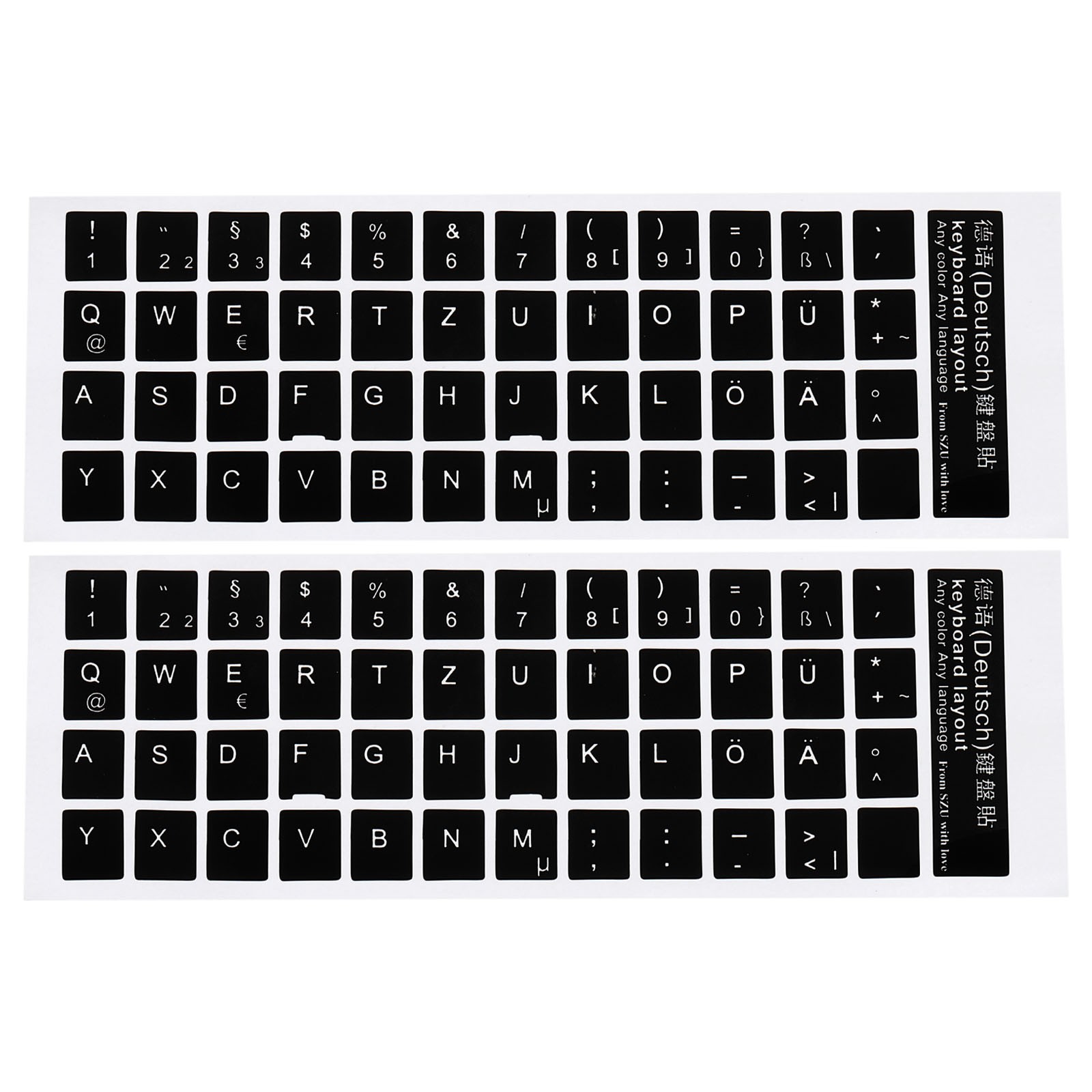 German Keyboard Stickers Cover Smooth, Black Background White Lettering 2pcs