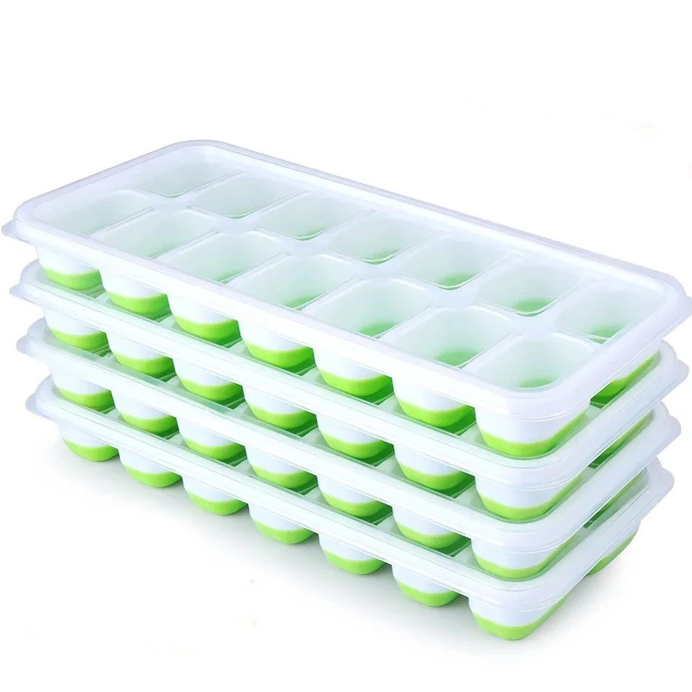 Ice Cube Tray, 4 Pack Silicone Ice Tray, 14 Ice Cube Molds with Lids, Stackable