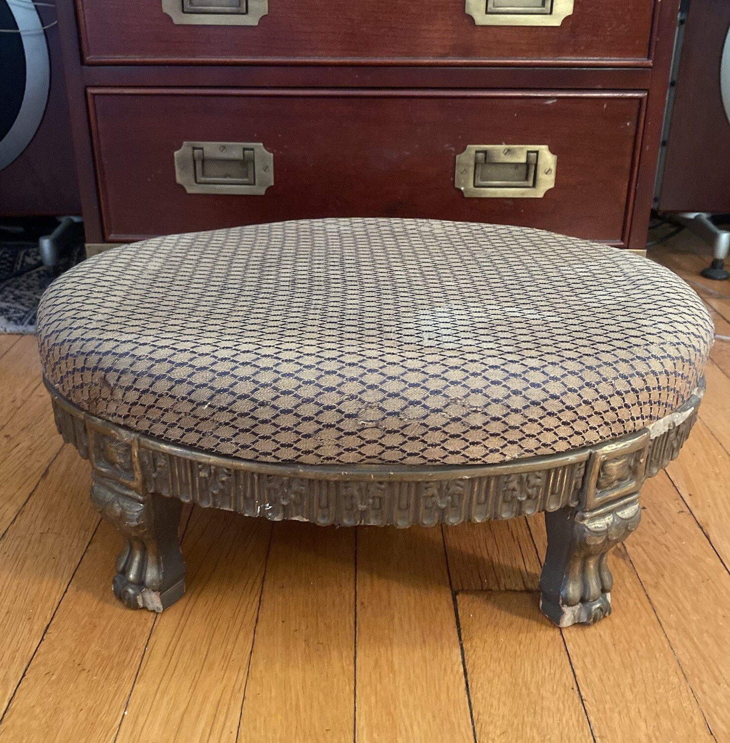 Antique Carved Foot Stool Ottoman Needlepoint Upholstery Gold Gesso Victorian