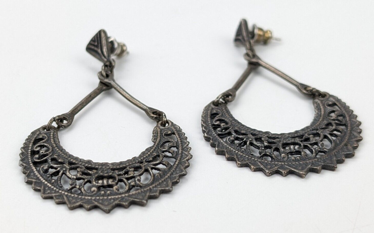 Vintage Openwork Pewter Tone Dangle Drop Pierced Earrings 2.5" Boho
