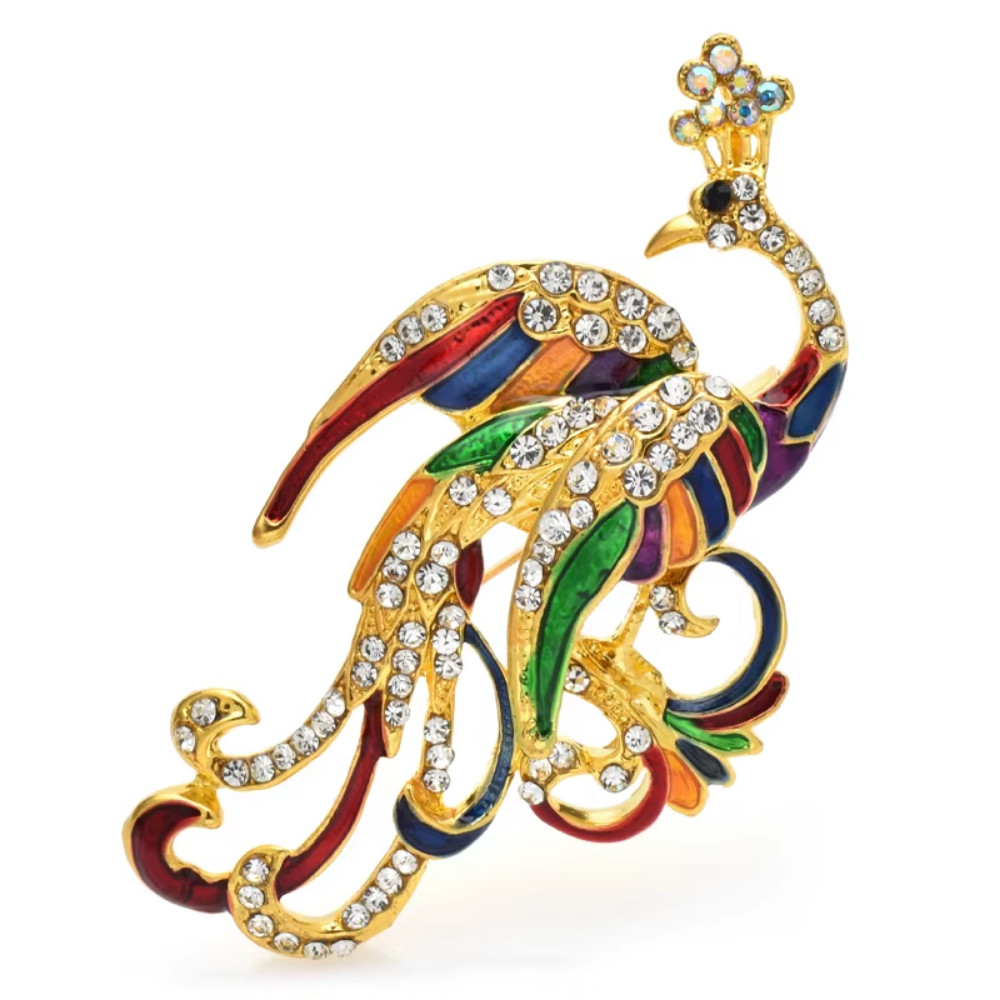 Mardi Gras Brooch Peacock Gold Pin – Rhinestone Carnival Costume Jewelry Gift