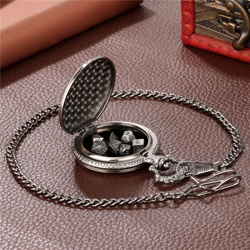 7pcs Solid Metal Polyhedral DND Dice Set in Octopus Pocket Watch Case with Chain