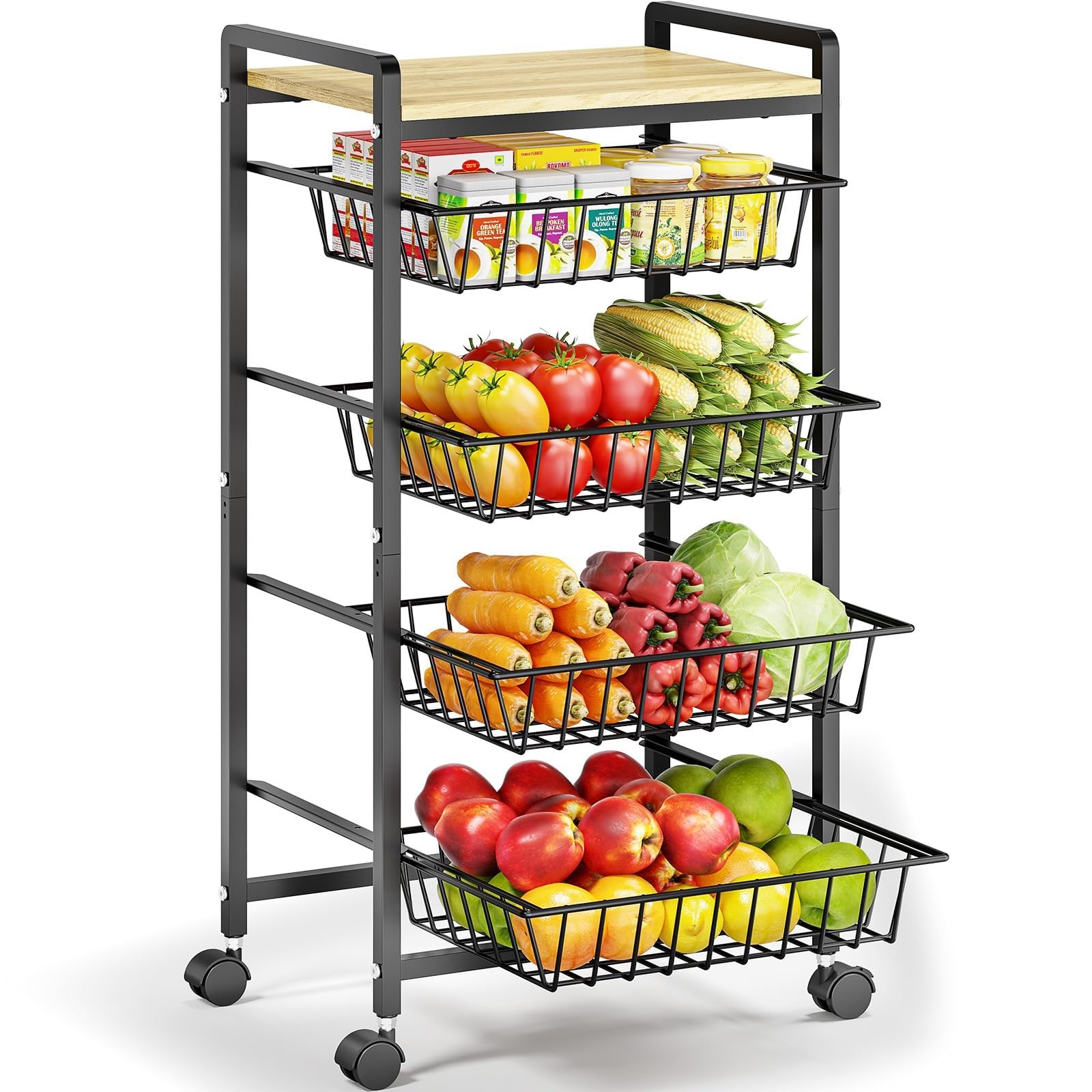 5-Tier Kitchen Cart with Tabletop, Rolling Snack Cart with Lockable Wheels, F...