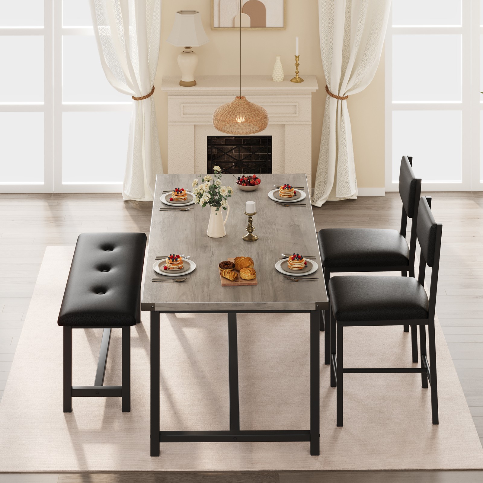 Modern Dining Table with Upholstered Bench & 2 Padded Chairs for Dining Room