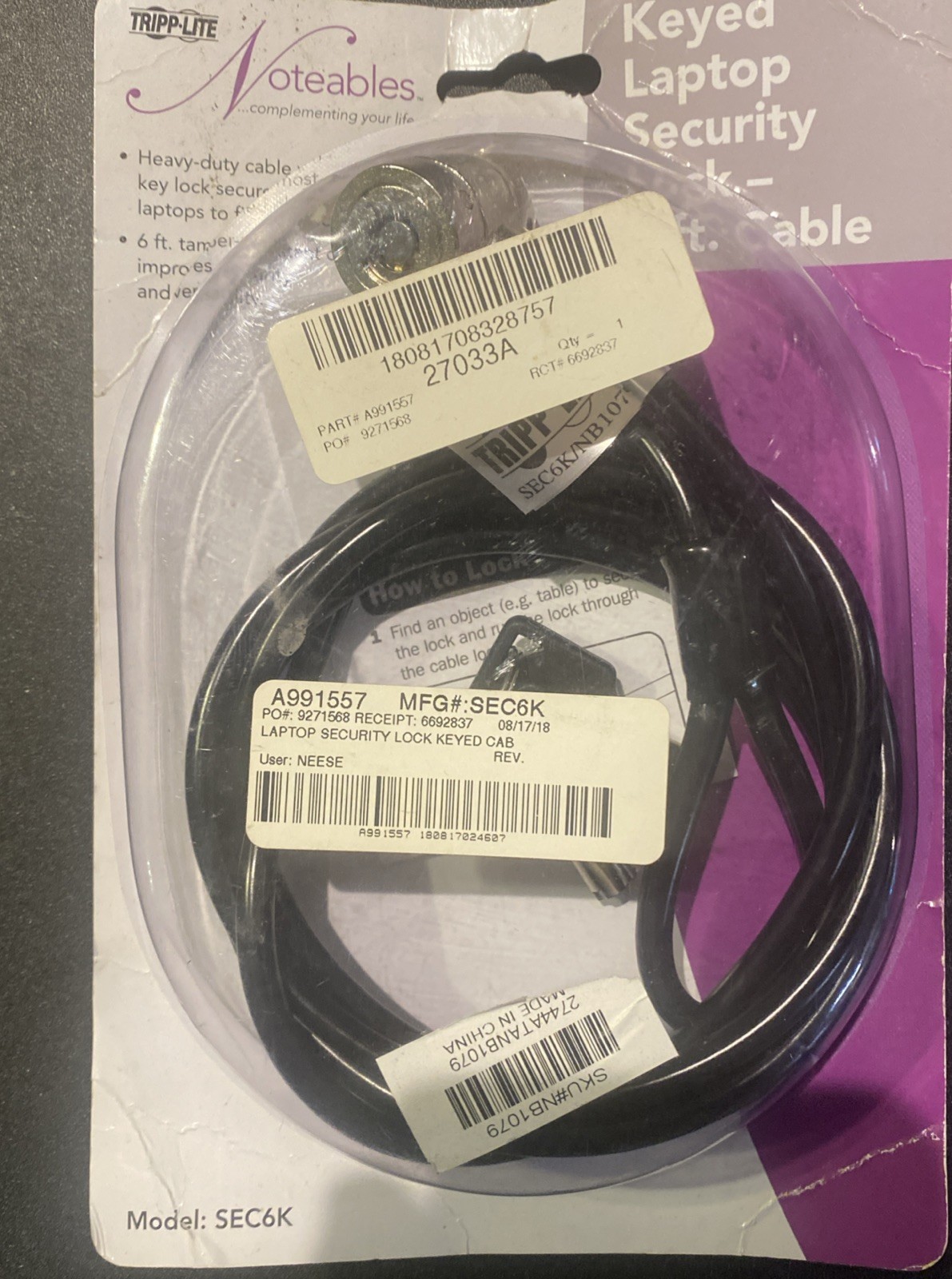 NEW Tripp Lite Combination Laptop Security Lock 6 ft. Cable SEC6C FREE S/H