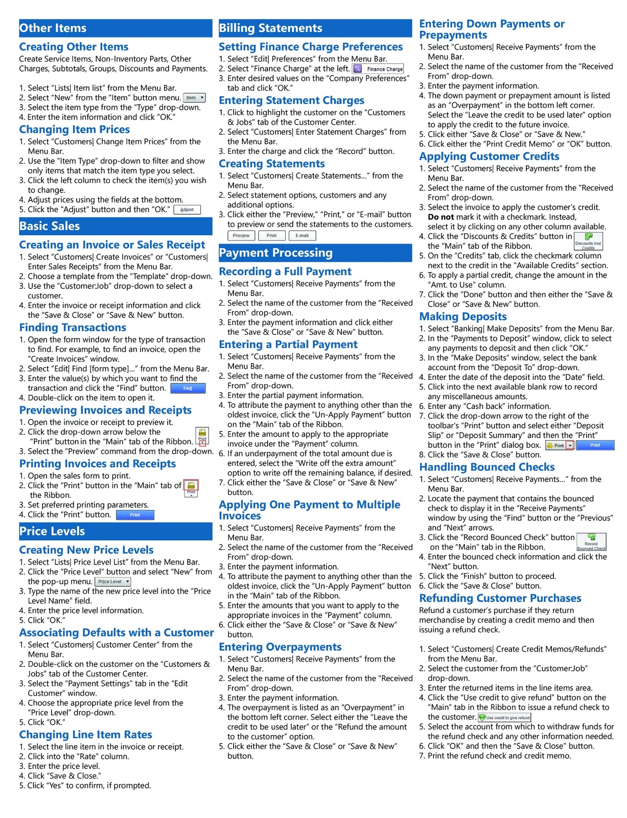 QuickBooks Pro 2024 Training Guide Quick Reference Card 4 Page Cheat Sheet