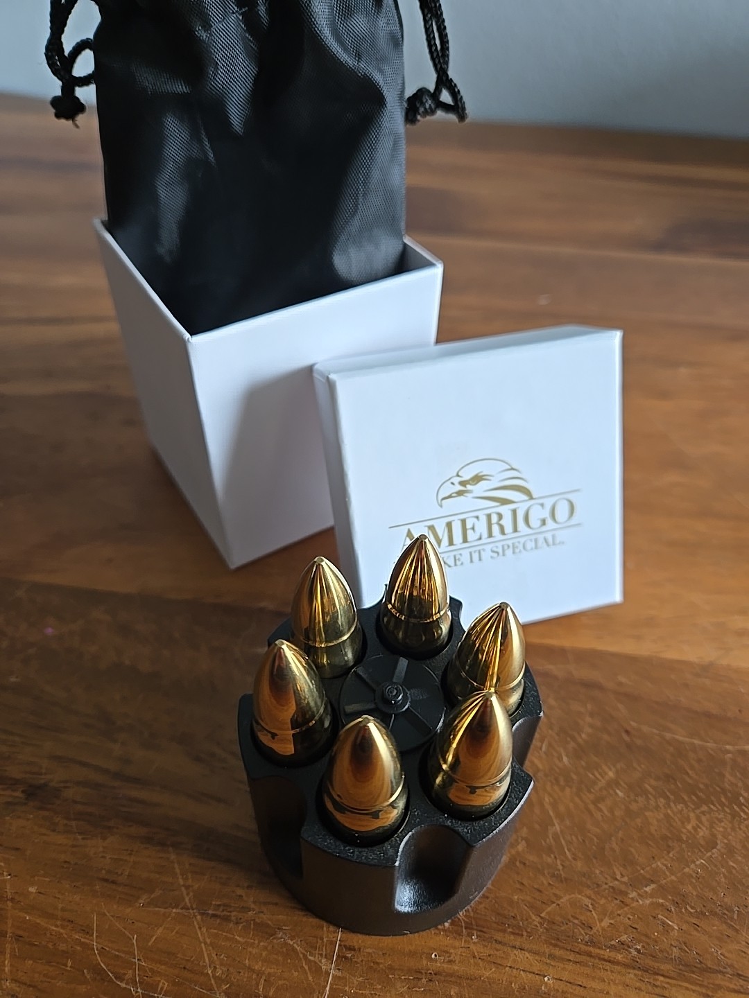 Amerigo, Whiskey Stones, Bullet Shaped, gold in color, set of Six, New in Box