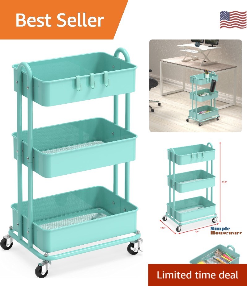 Turquoise 3-Tier Heavy Duty Metal Utility Rolling Cart with Locking Casters