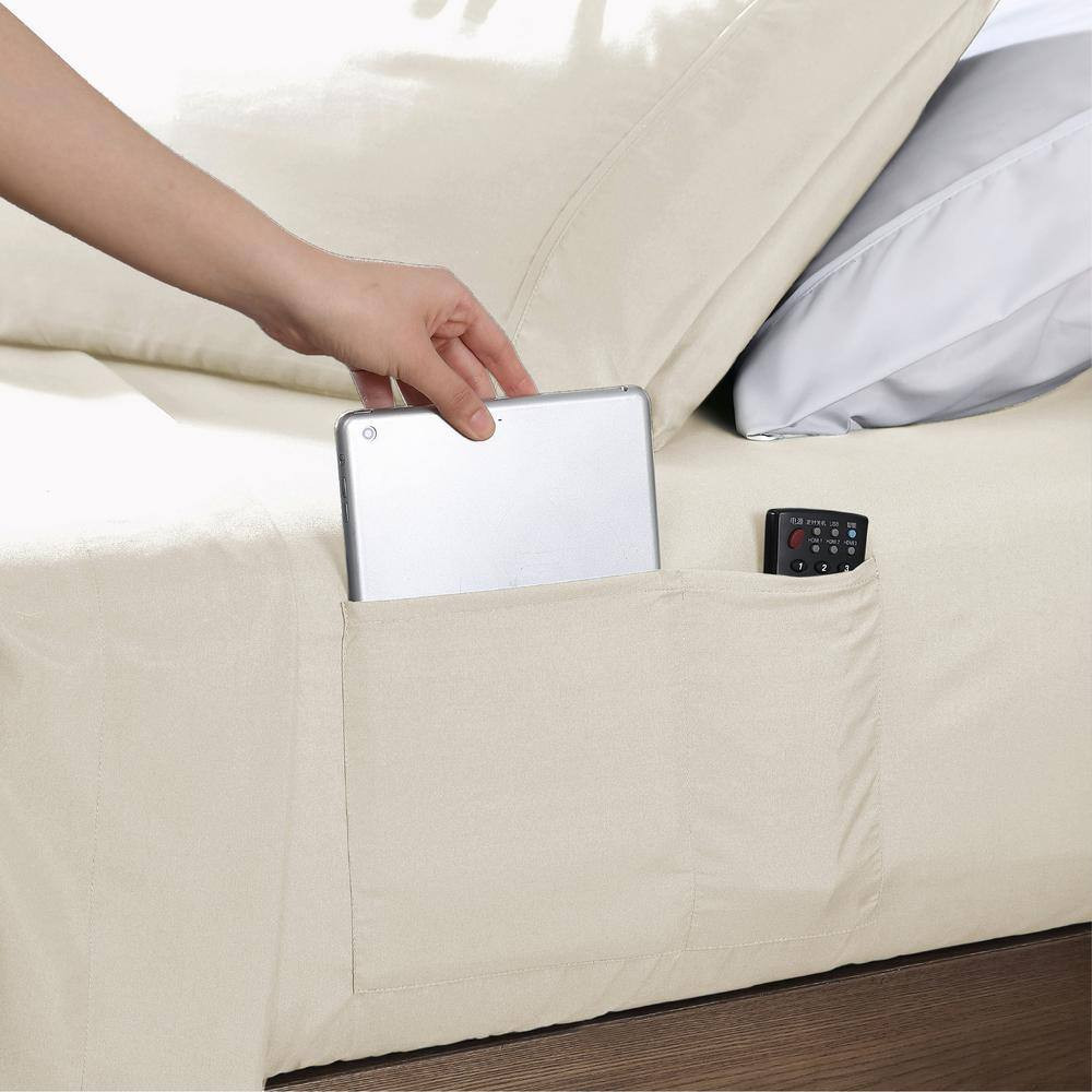 Twin Size Microfiber Sheet Set with 8 In. Double Storage Side Pockets, Coconut M