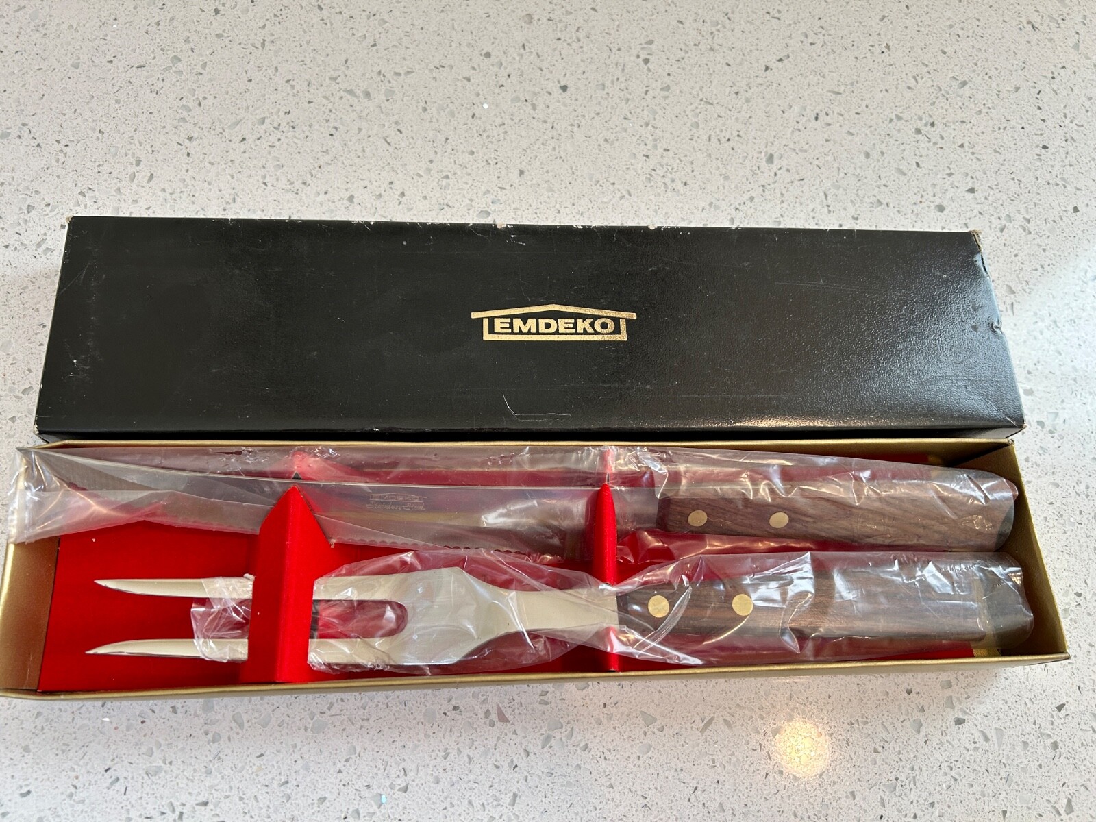 Vintage EMDEKO Meat Carving Fork & Knife Set  MCM Wood Riveted Handle- Mint Cond