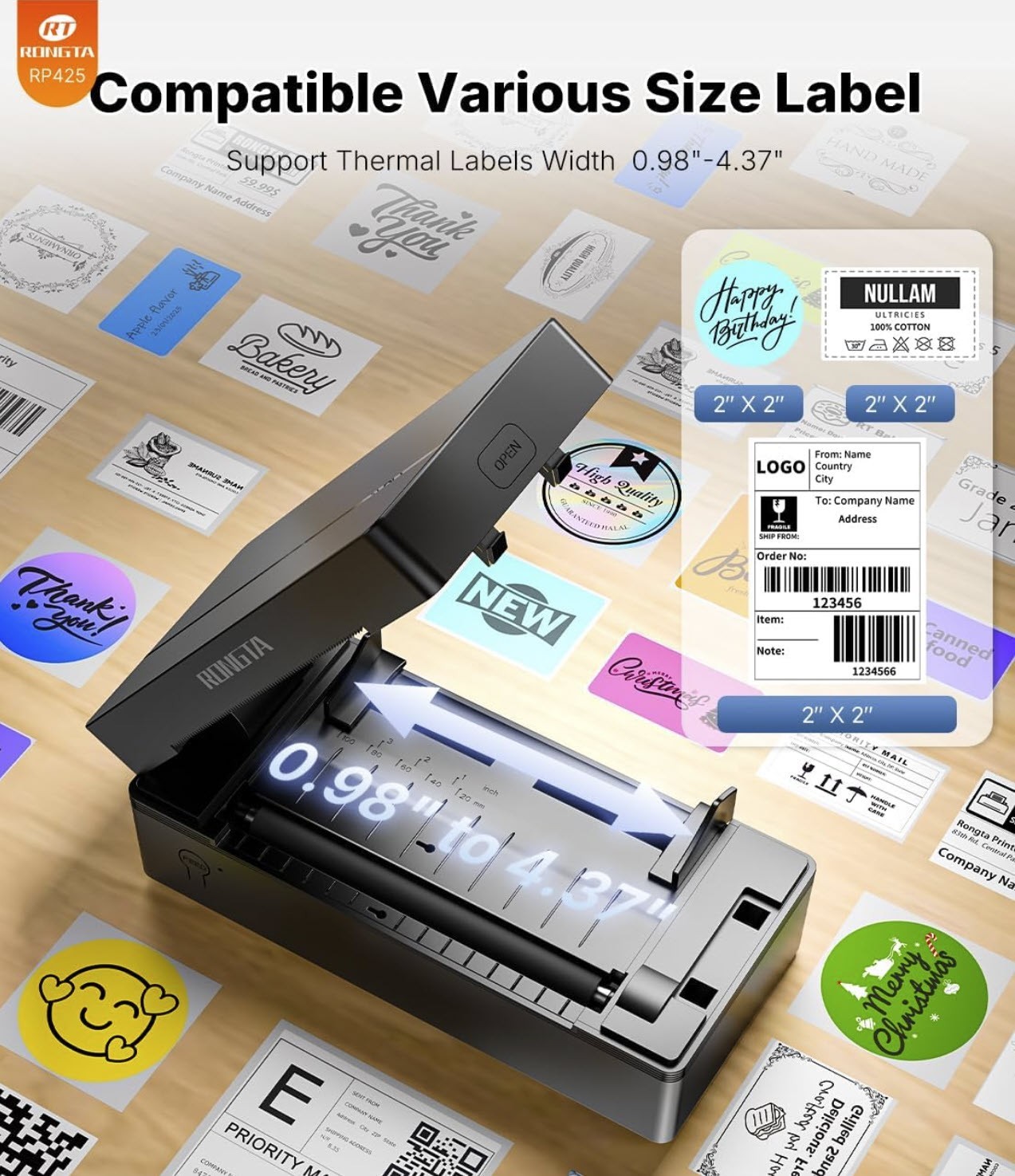 Rongta Thermal Wireless 4x6 Bluetooth Shipping Label Printer, Black