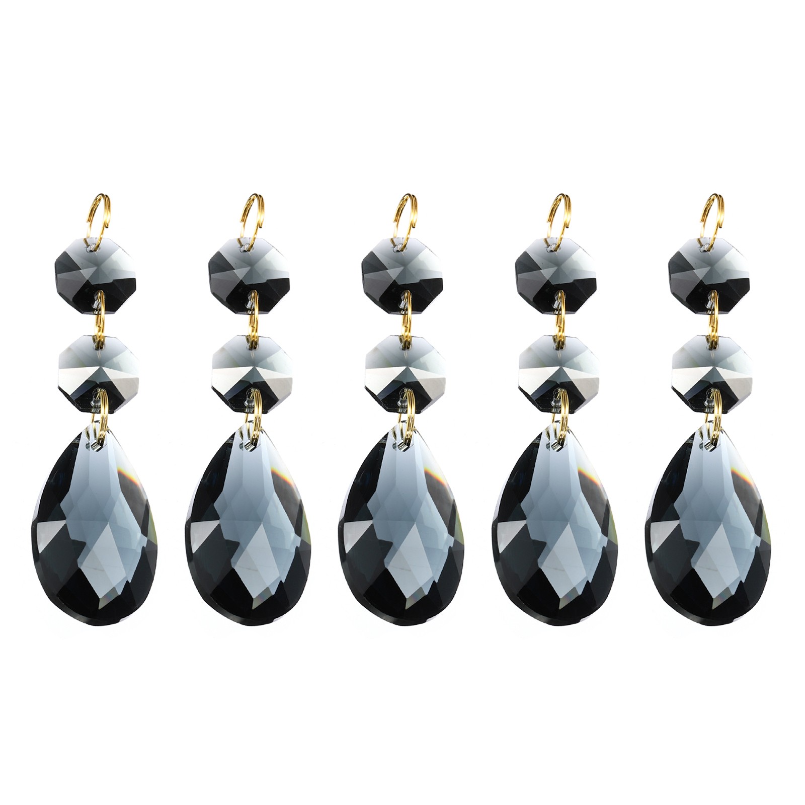 5Pcs 38mm Light Black Crystal Teardrop w 14mm Octagonal Bead Light Black