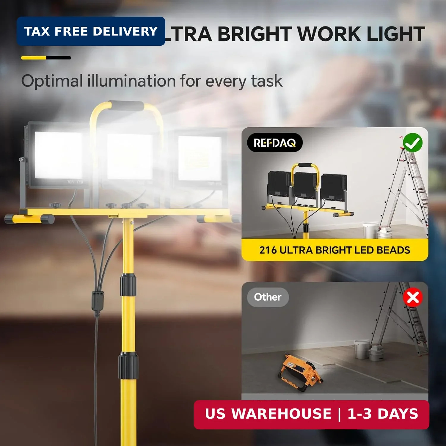 LED Work Lights with Stand: 3 Head Adjustable Work Light with Individual Switch,